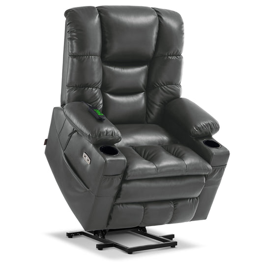 MCombo Triple Motor Power Lift Recliner Chair with Massage and Dual Heating, Adjustable Headrest for Tall Elderly People, Faux Leather 7634 (Dark Grey, Large)