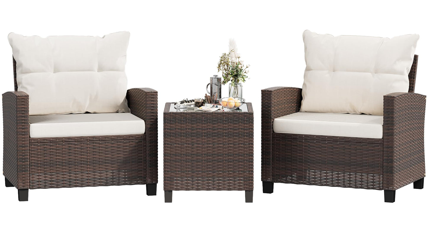 Shintenchi 3 Pieces Patio Furniture Set, PE Rattan Wicker 3 Pcs Patio Set, Outdoor Furniture Set with Two Outdoor Chairs and Table, Conversation Set for Garden, Poolside, Balcony, and Porch(Beige)