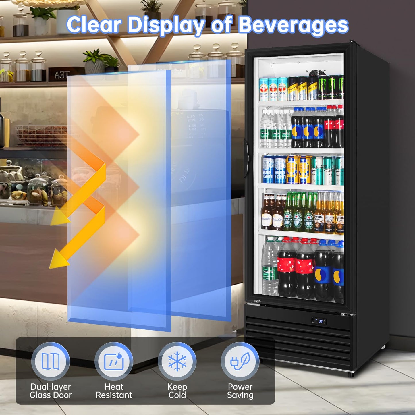 Velieta Commercial Beverage Refrigerator, 24.5 Inch 15 Cu. Ft. Drink Fridge, Display Refrigerator with Glass Door, Commercial Display Fridge with 4 Adjustable Shelves, for Shops, Restaurants, Bars