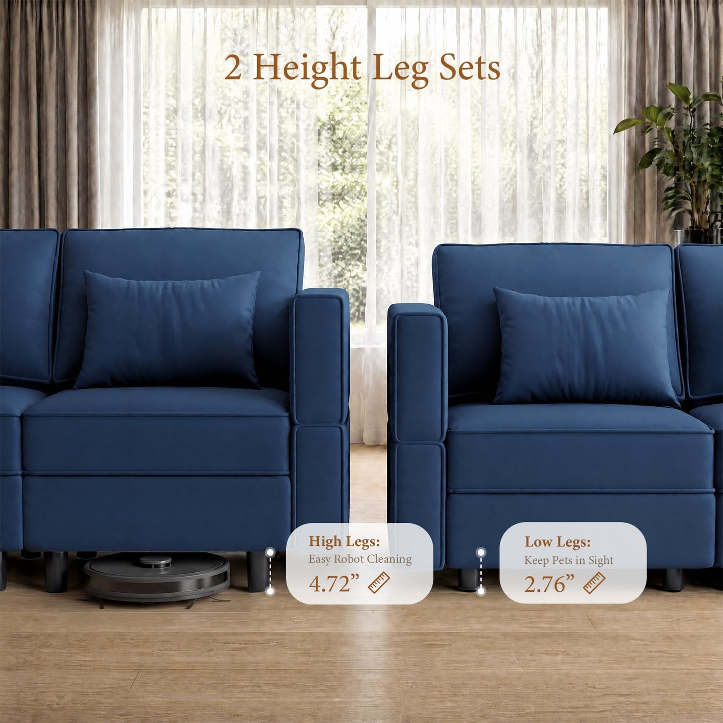 Vesgantti Sectional Sleeper Sofas with Storage, 118" Sofa Bed with 8 Seats Storage Chaises Removable Cover, Deep Seat Modular Couches Velvet Couch Set for Living Room, Apartment, Home Theater, Blue