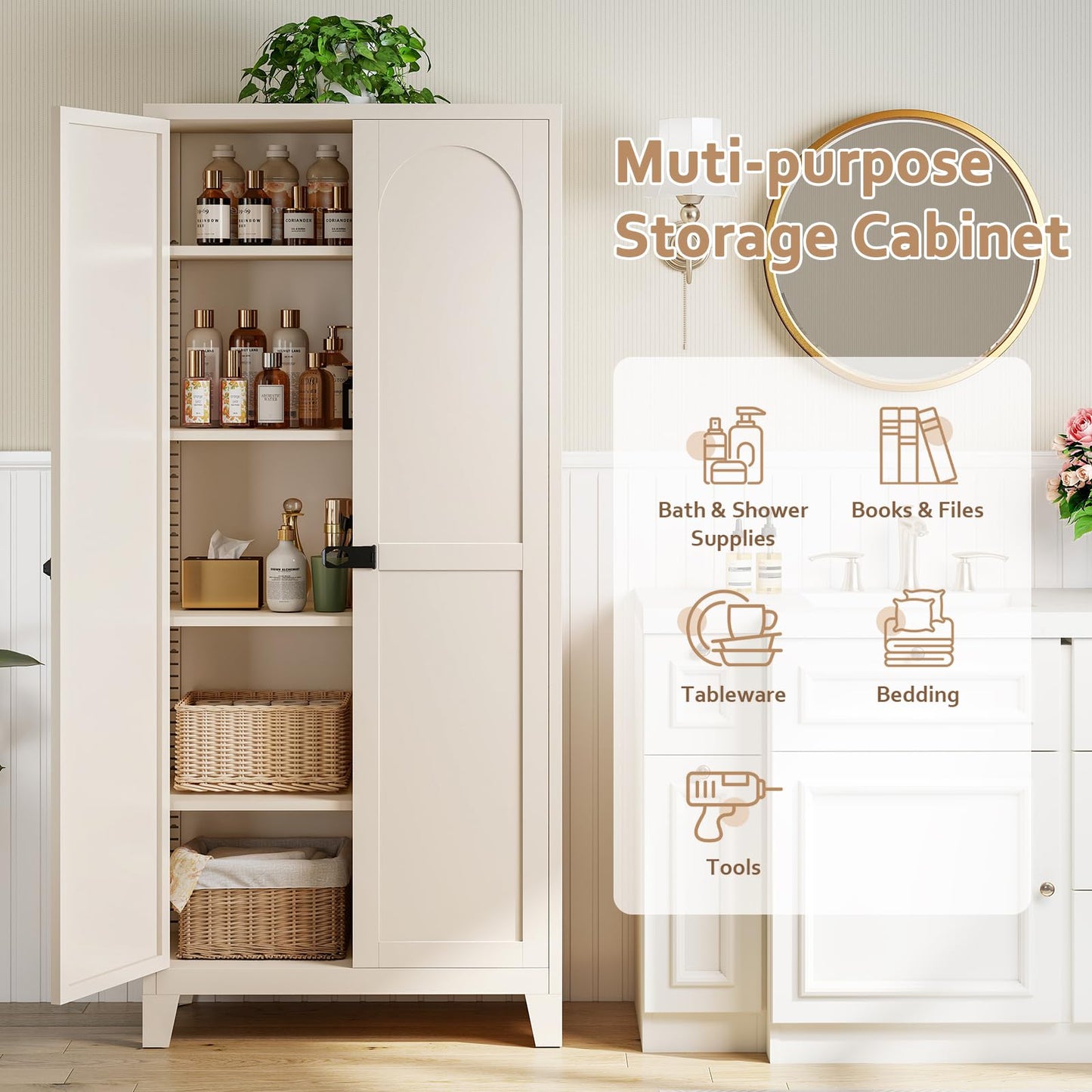 Zevemomo 71" Tall Metal Locking Cabinet with 4 Adjustable Shelves & 2 Doors, Steel Lockable Cabinet with 3-Digit Combination Lock, Secure Metal Pantry Cabinet for Home, Office, Garage, Beige