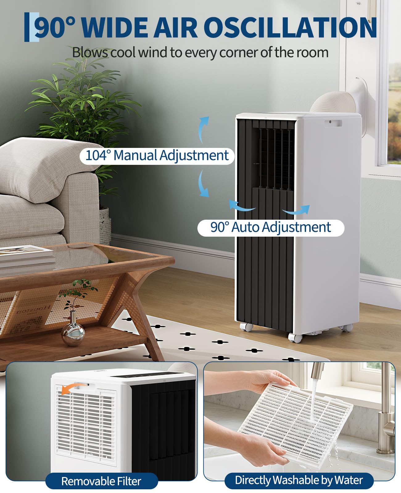 8000 BTU Portable Air Conditioner - 3 in-1 AC Unit Cools 350 Sq. Ft Rooms, Quiet 50 dB Operation w/Touch Control & Remote, Includes Window Kit & 24H Timer, Dehumidifier & Fan Modes for Bedroom, Black