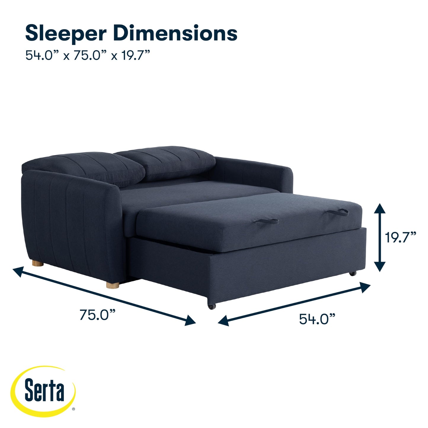 Serta® Galway 66.5" Full-Size Convertible Pop-up Sofa, Dream Coil® Comfort, Finger Guard® Pinch Point Protection, Woven Polyester Fabric, Navy Blue