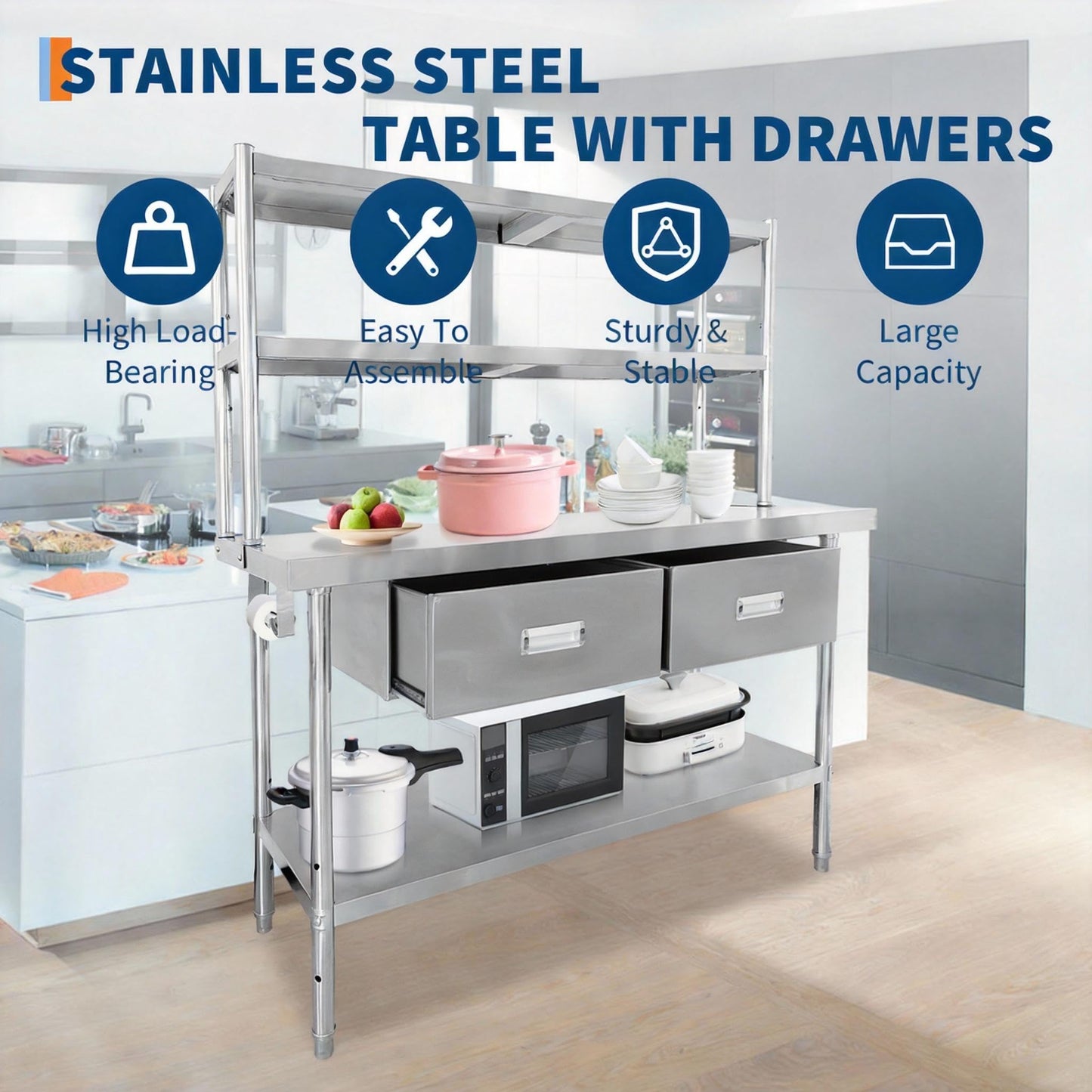 Stainless Steel Table with Overshelves and Drawers, Work Tables Workbench
