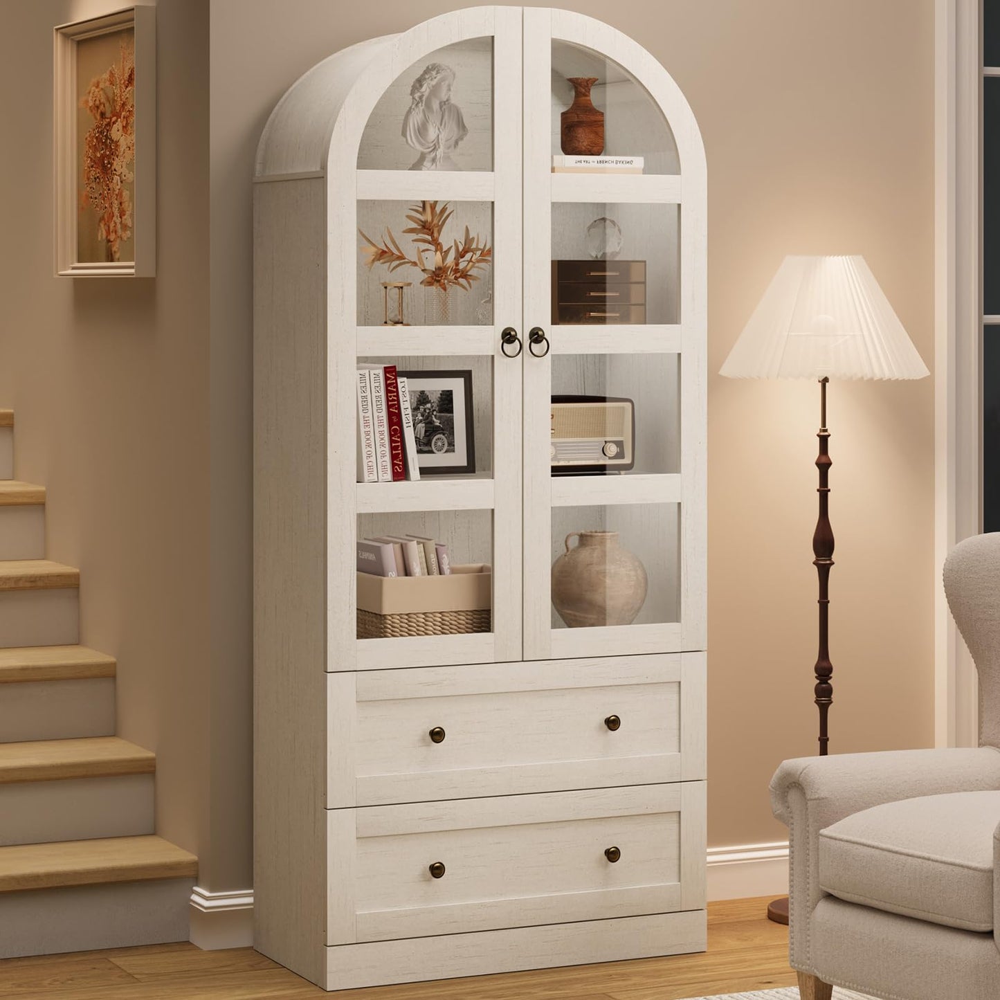 GarveeHome 71" Tall Arched Bookcase Cabinet, Wood Arched Bookshelf with Doors & Drawers, Large Arch Display Bookcase Cabinet with Storage, Farmhouse Storage Cabinet for Office Living Room, Retro White