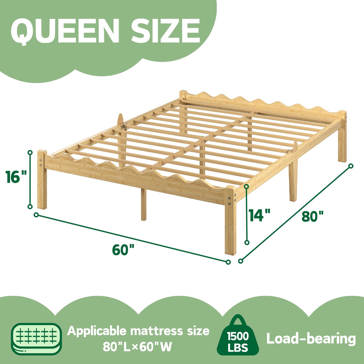 Askeld 14 Inch Solid Wood Queen Size Platform Bed Frame, Heavy Duty Farmhouse Style Bamboo Queen Bed Frame No Box Spring Needed, Noise-Free, Easy Assembly