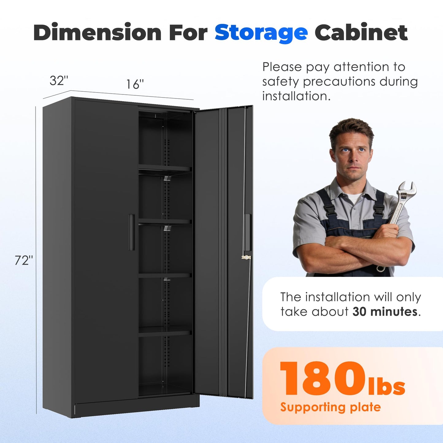 INTERGREAT Garage Storage Cabinet with Doors and Shelves, Metal Storage Cabinets with Lock, Lockable Steel Supply Cabinet for Home Office, Warehouse, Black