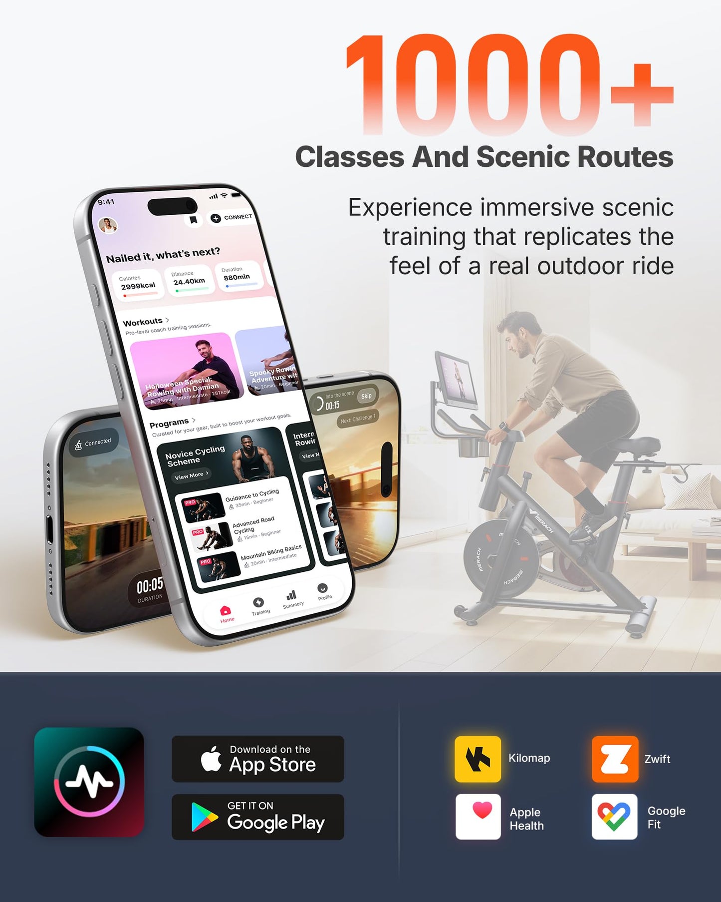 Merach Exercise Bike, Magnetic Friction Stationary Bike with Brake Pad and Exclusive App, Low Noise Indoor Cycling Bike with 300lbs Weight Capacity, Tablet Mount and Fitness Courses for Weight Loss