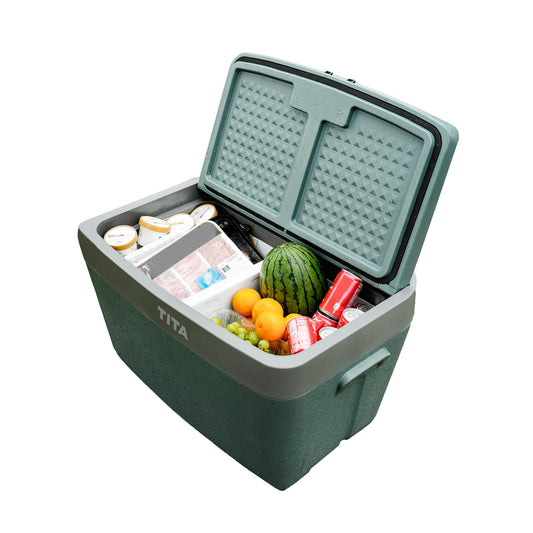 TITA 42 Qt Car Refrigerator for Tesla Model Y & Juniper, Portable 12V Dual-Zone Fridge Freezer with Rapid Cooling & Energy-Saving Modes, Compatible with 5-Seat Models Only