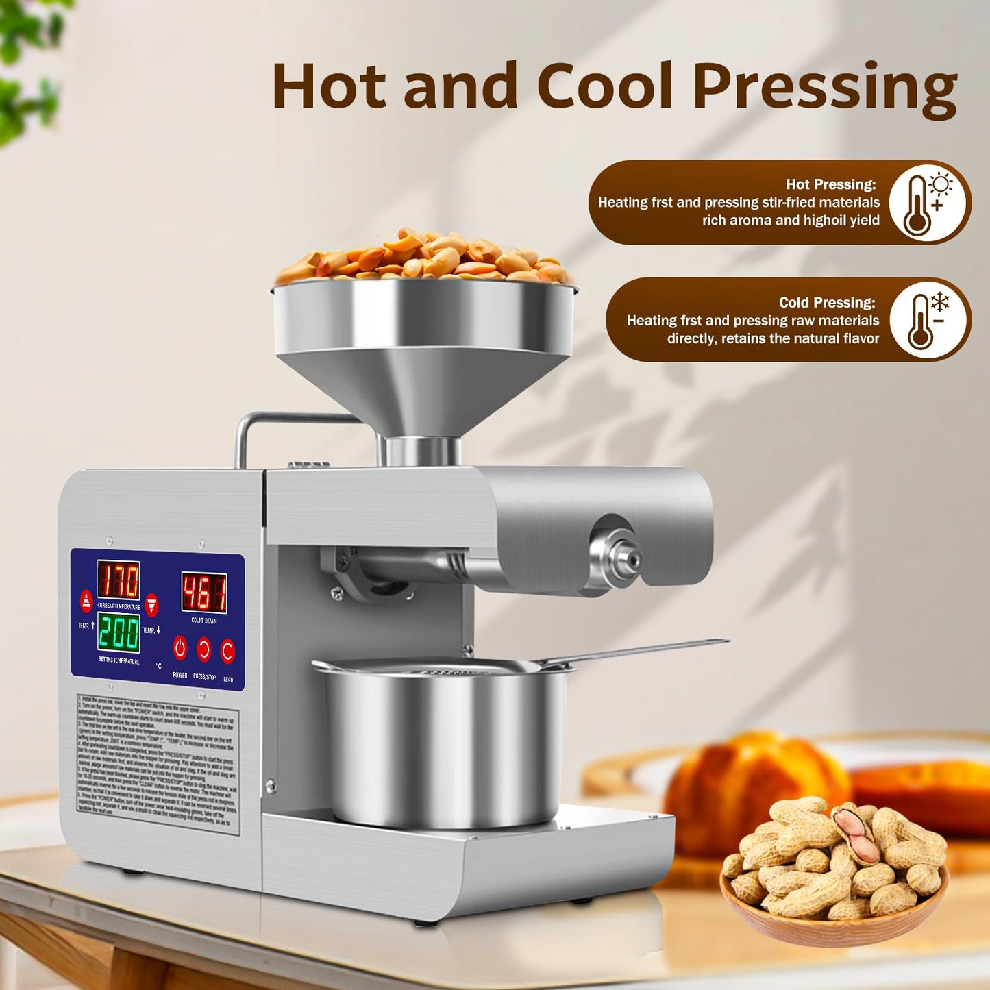 Rkazes Oil Press Machine, 820W Home Commercial Automatic Oil Press Extractor, Steel Stainless Electric Cold & Hot Press Oil Expeller for Peanut Sesame Soybean Sunflower Seeds Walnuts