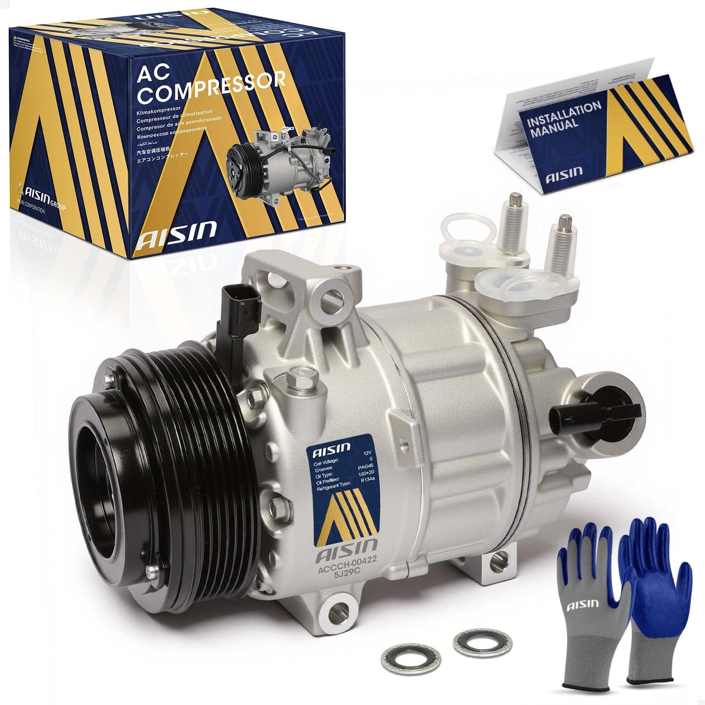 AISIN AFTERMARKET ACCCH-00422 Air Conditioner AC Compressor - Compatible with Jeep Grand Cherokee 2022-2024 3.6L, Grand Cherokee L 2021-2024 3.6L - with 6-Pulley Groove, with Clutch