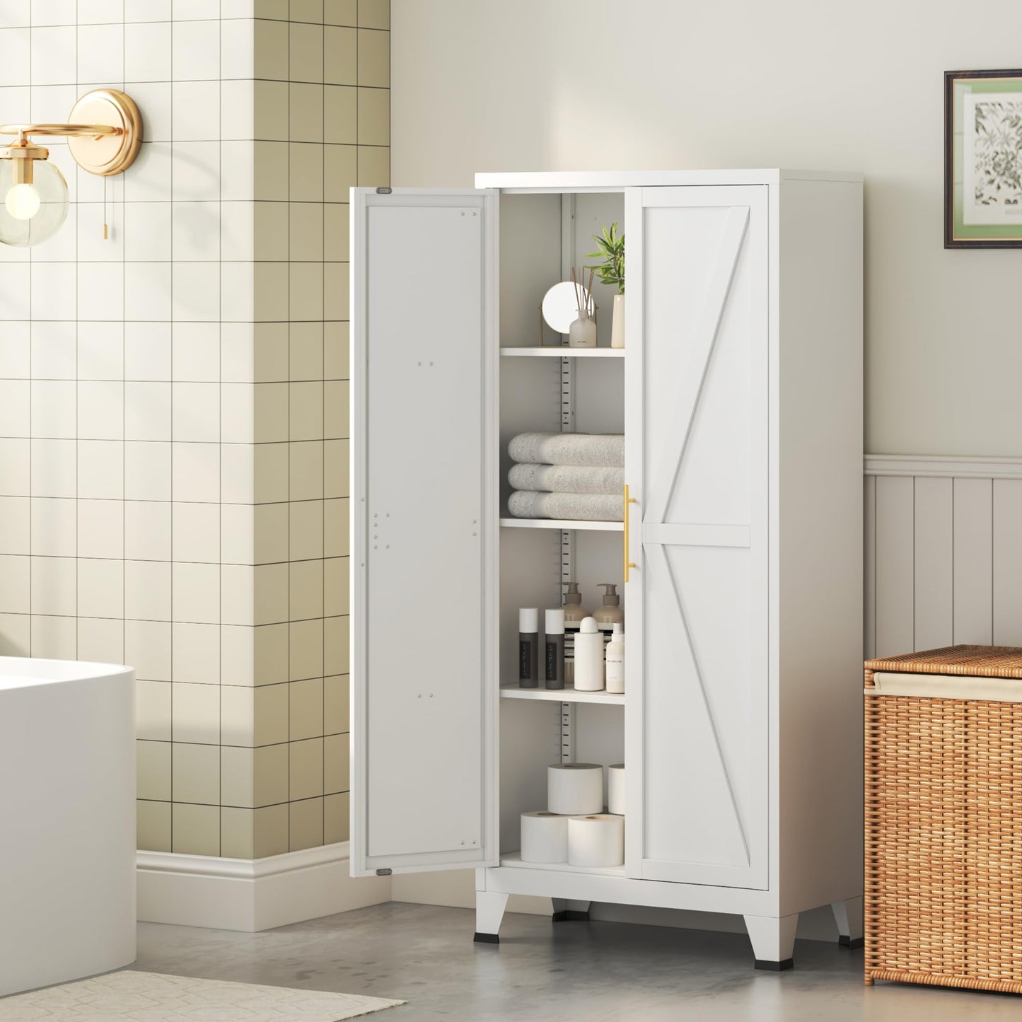 Elitehouse 61" Tall Metal Storage Cabinet with Barn Doors and 3 Adjustable Shelves,4-Tier Large Kitchen Pantry Cabinet for Kitchen, Bathroom, Dining Room, Utility Room - White