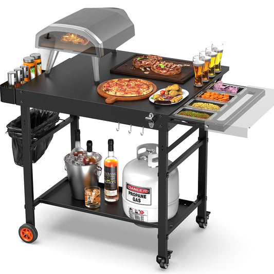 AOKEMAi Grill Table for Oon Pizza Oven Accessories, Ninja Pizza Oven Table with Extendable Desk - Fit Gozney, Solo Stove, Durable Outdoor Grill Cart Stand with Food Prep Topping Station for Backyard