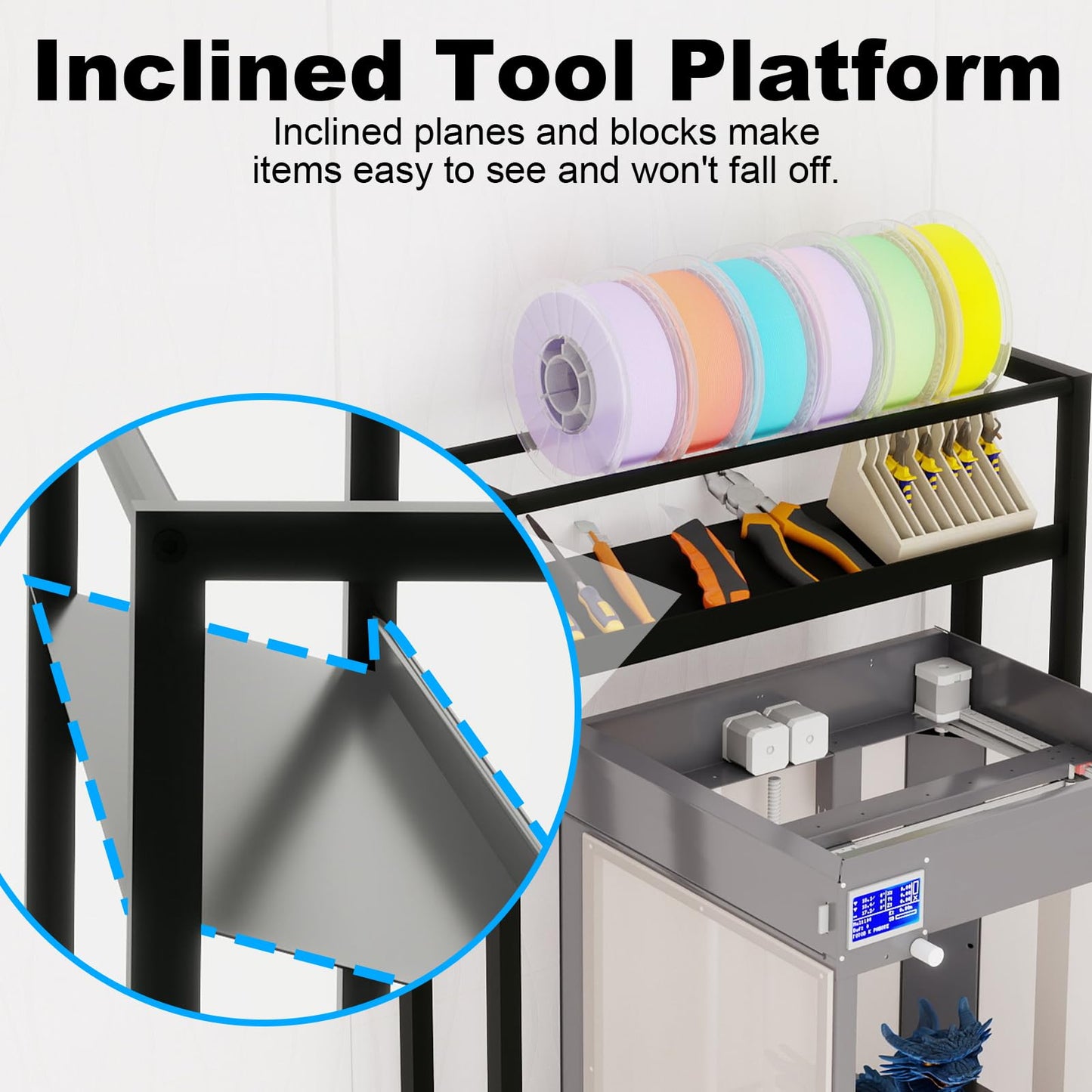 PUNCIA 3-Tier Heavy Duty 3D Printer Stand with Filament Storage Rack – Sturdy Organizer for PLA ABS PETG Spools, Compatible with FDM SLA Resin Printers, Durable Shelf for Home Studio Workshop Makers
