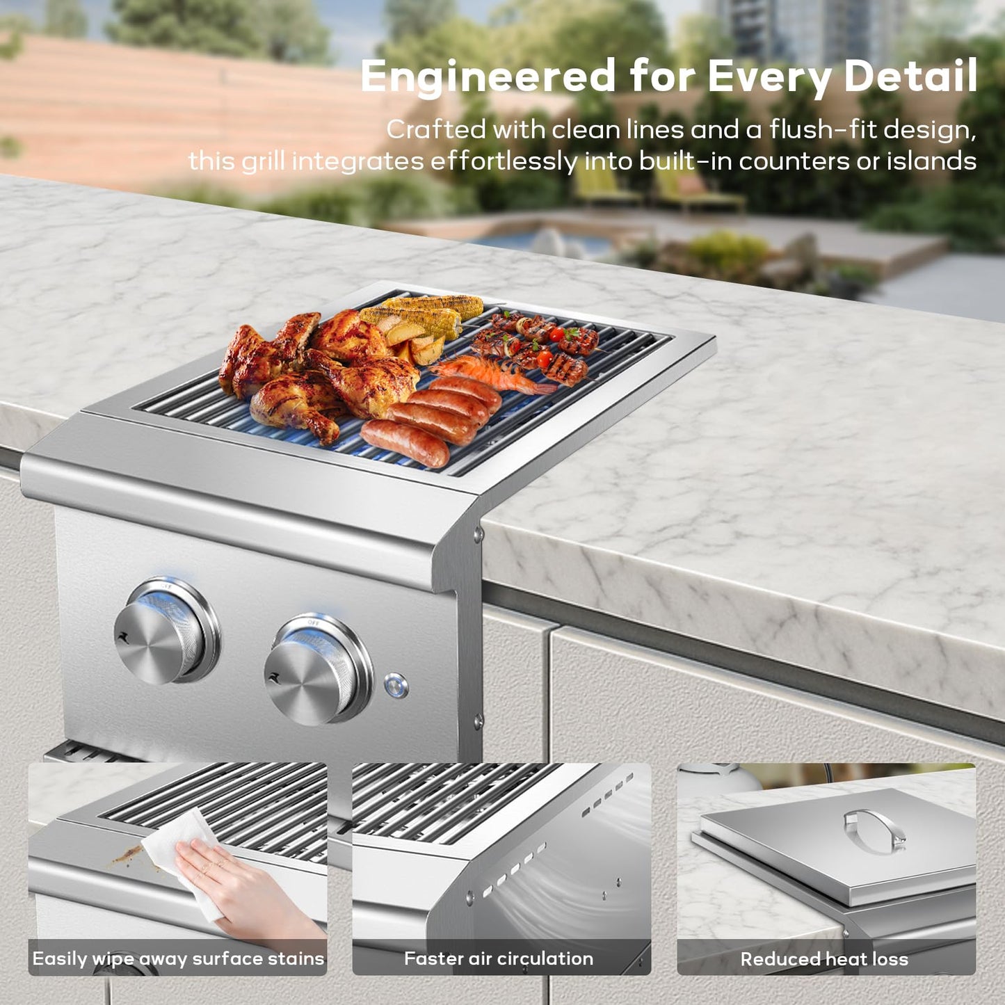 VEPURLT Double Side Burner with 2 x 17,000 BTU LP Gas Grills, Heavy Duty 304 Stainless Steel Built-in Gas Burners for Outdoor BBQ Island Grill Stations (Liquid Propane)
