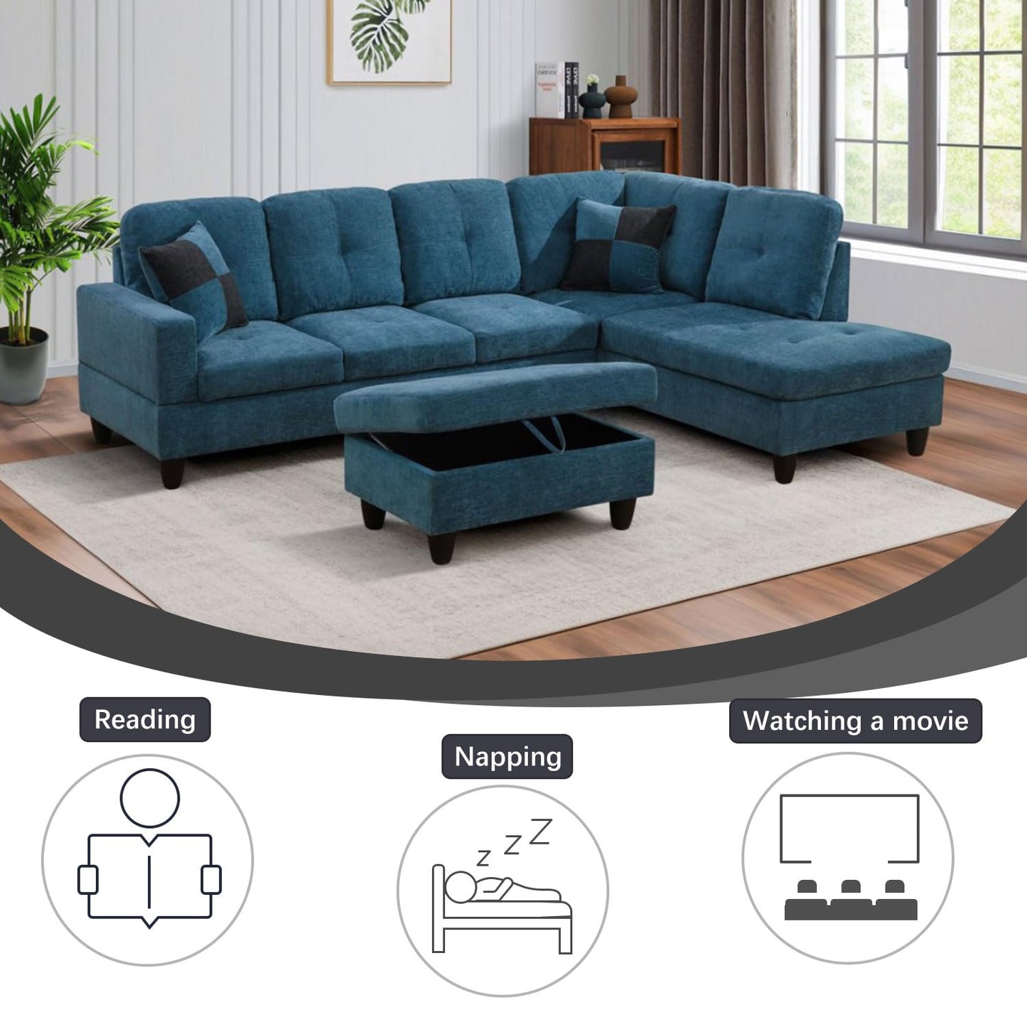 UOCFYK L-Shaped 3-Piece Flannel Sofa with Storage Ottoman Set, Sectional Couch Sofa Set for Living Room, Office, Small Space, Blue