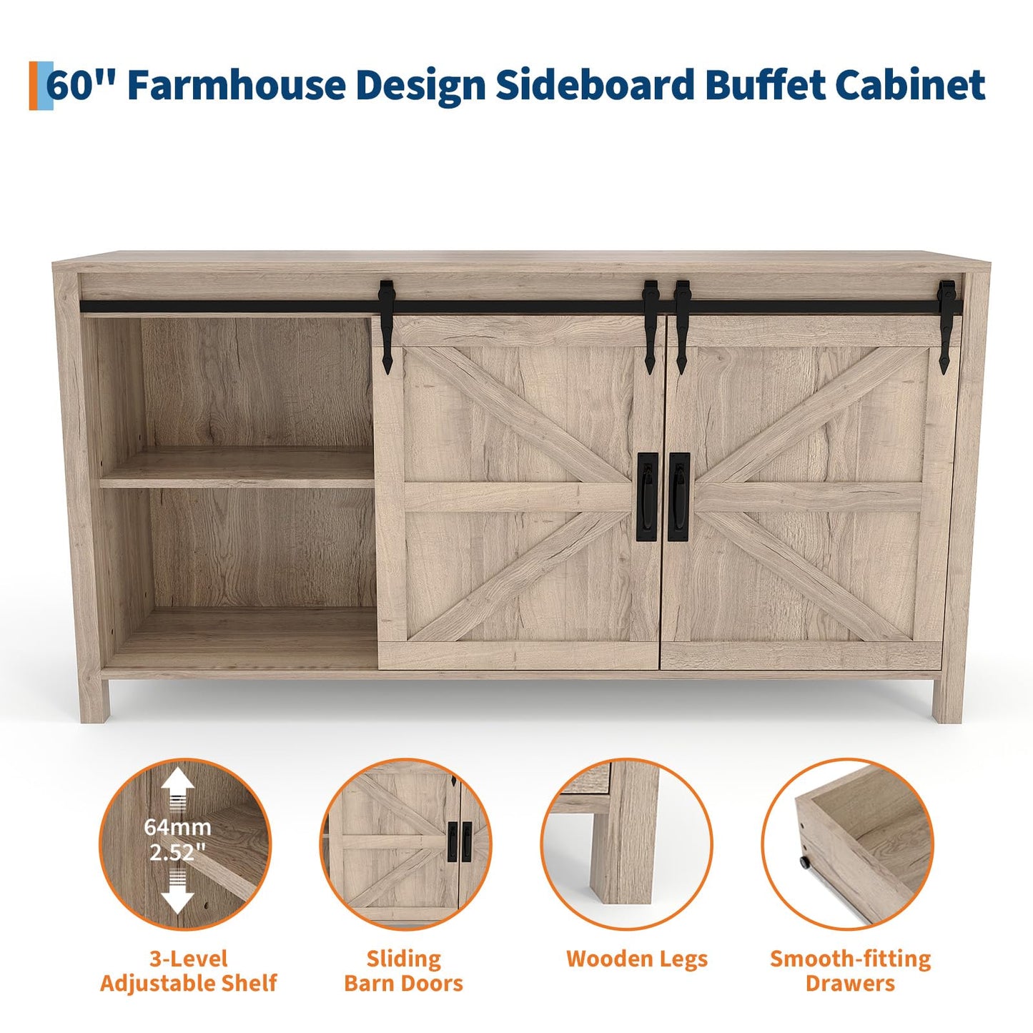 Garvee Farmhouse Sideboard Buffet Cabinet with Sliding Barn Doors & 4 Drawers, 60" Rustic Wood Kitchen Coffee Bar Storage Cabinet for Dining Room Living Room, TV Stand & Console Table