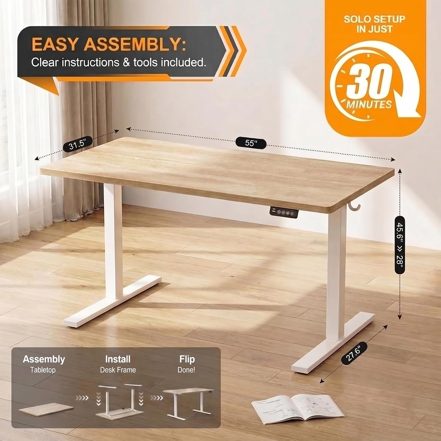 Grandder 55x32 Extra-Deep Electric Standing Desk, Wide Desktop Fits 49" Ultrawide Monitor+Dual Screens, 176 lbs Capacity, 2 Memory Presets, Anti Collision, Computer Desk for Home Office & Gaming, Oak