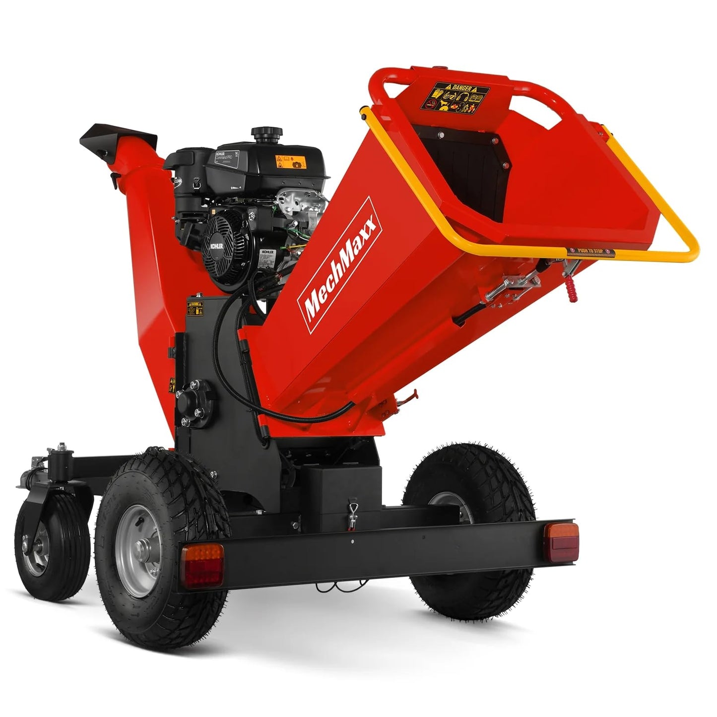 MechMaxx 6 inch Kohler 429cc 14hp Electric Start Gas Powered 4-Wheels Wood Chipper Shredder Mulcher with Towbar, Tail Light, Emergency Stop Button&Stop Bar, Model B150 Red