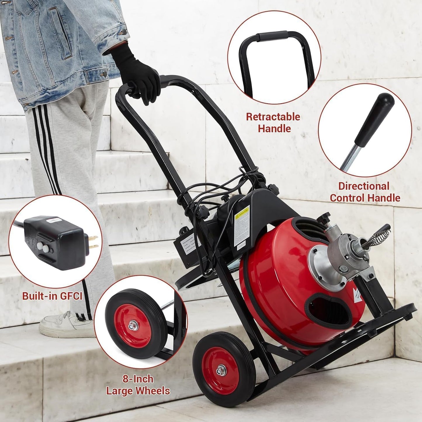 100 FT x 1/2 Drain Cleaner Machine with 370W Motor,Auto Feed Portable Sewer Snake Auger,8 Cutters,Air-activated Foot Switch for 1" to 4" Pipes