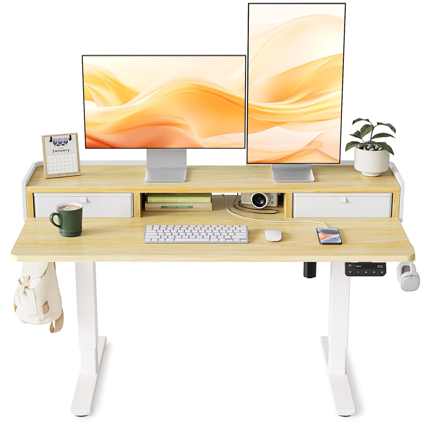 YIHAYO Low Height Adjustable Desk with Drawers, Lifts 18.1-28.3 Inches, Electric Standing Desk with Storage Shelf for Short People, 48 x 24 Inches Table with Splice Board for Home Office, Natural