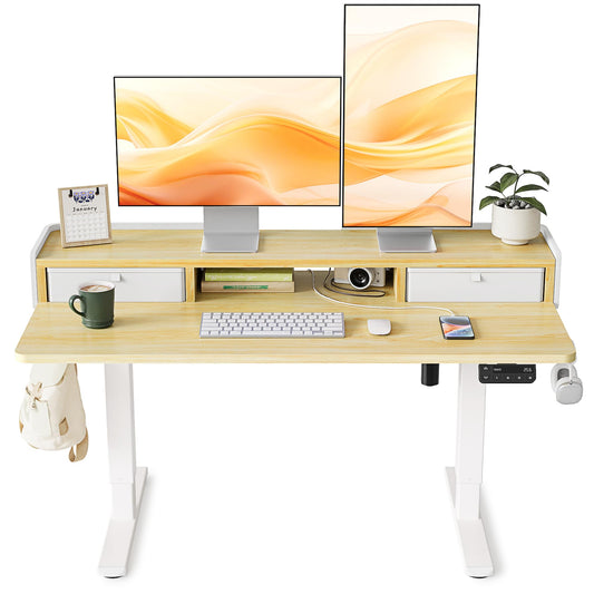 YIHAYO Low Height Adjustable Desk with Drawers, Lifts 18.1-28.3 Inches, Electric Standing Desk with Storage Shelf for Short People, 48 x 24 Inches Table with Splice Board for Home Office, Natural