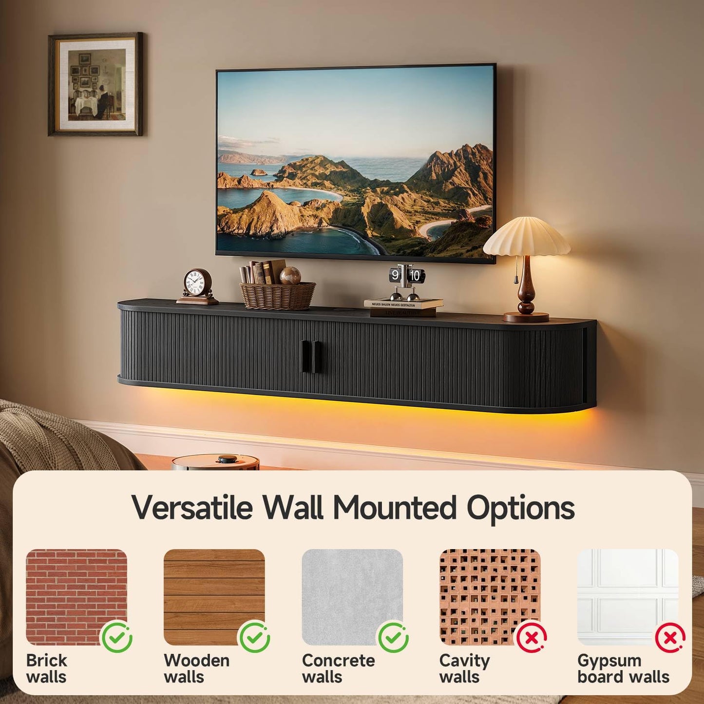 63" Floating TV Stand with Power Outlet for TVs up to 75", Fluted Entertainment Center with Remote Control for LED Lights, Mid-Century Modern TV Console w/Sliding Door for Living Room, Bedroom Black