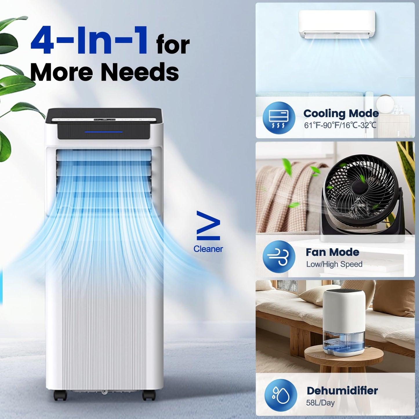 10000 BTU Portable Air Conditioners, Portable AC up to 450 Sq.Ft,4 in 1 Portable AC Unit with Cool,Dehumidifier,Fan Modes&Sleep,Remote Control&24H Timer,AC Unit for Bedrooms