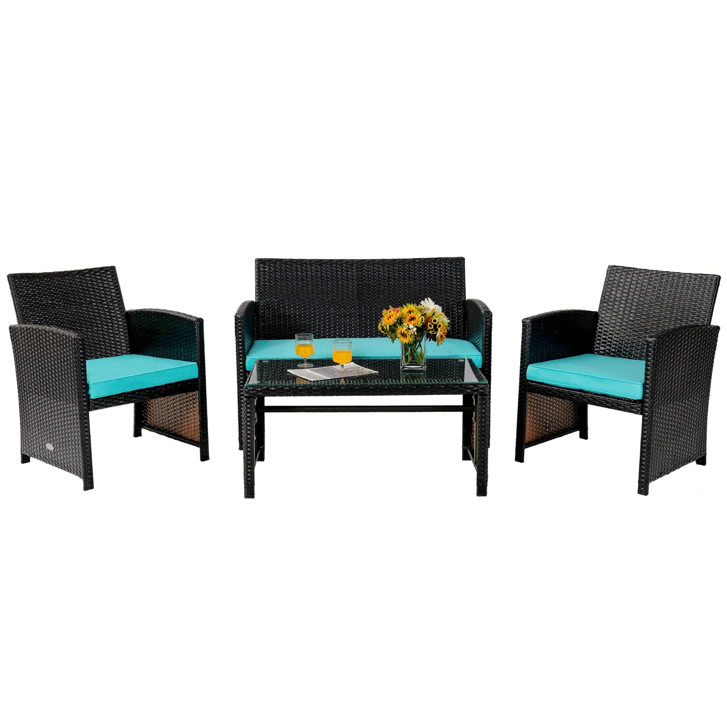 COSTWAY 4 Piece Patio Furniture Set, Outdoor PE Rattan Wicker Sectional Sofa with Cushion and Coffee Table, Patio Conversation Sets for Balcony Lawn Porch Patio Backyard Garden Poolside, Turquoise