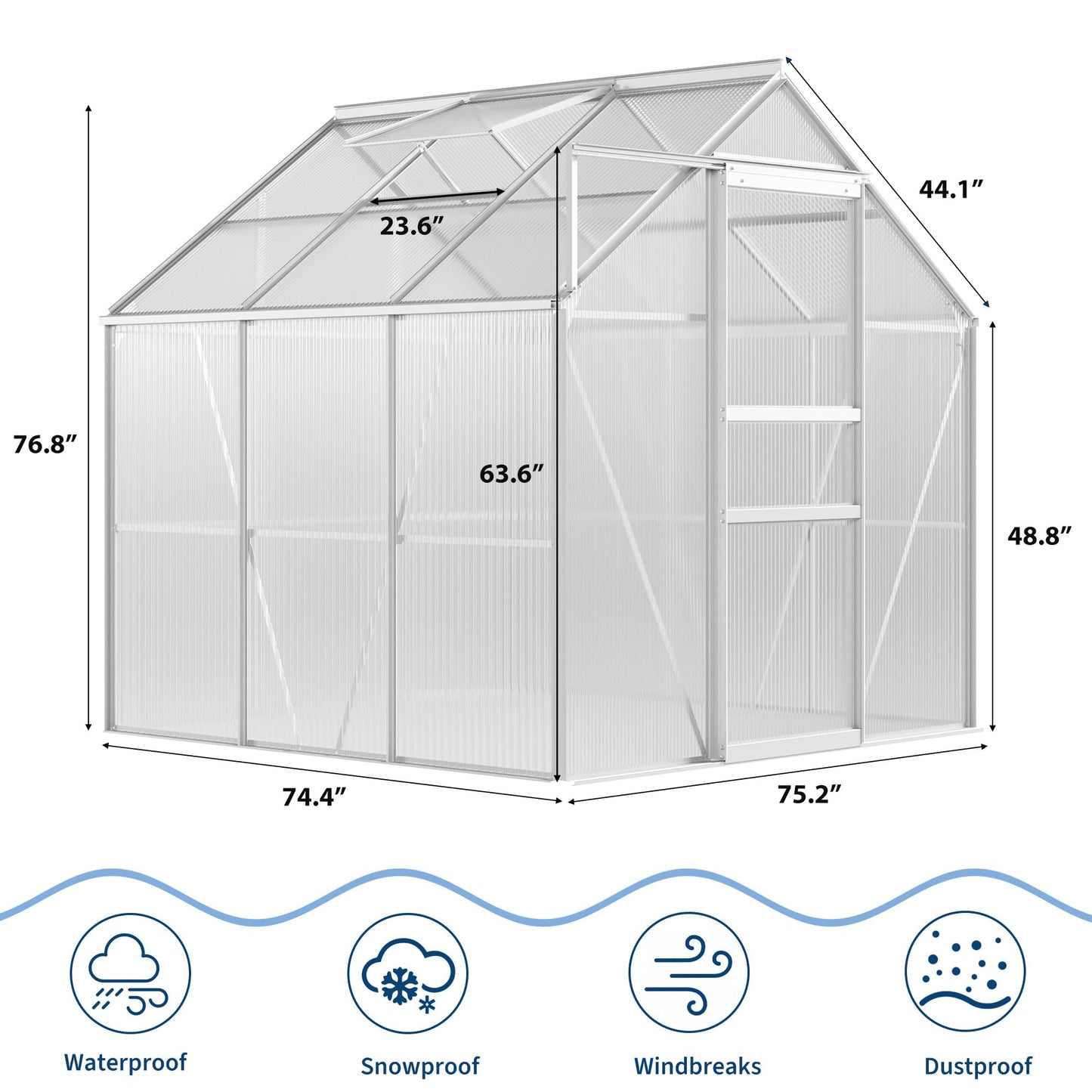 CABIHOME 6 x 6 FT Greenhouses for Outside, Polycarbonate Greenhouse with Aluminum Frame, Sliding Door, Adjustable Roof Vent, Backyard Green Houses, Patio Garden, Black (Silver, 6x6 FT)