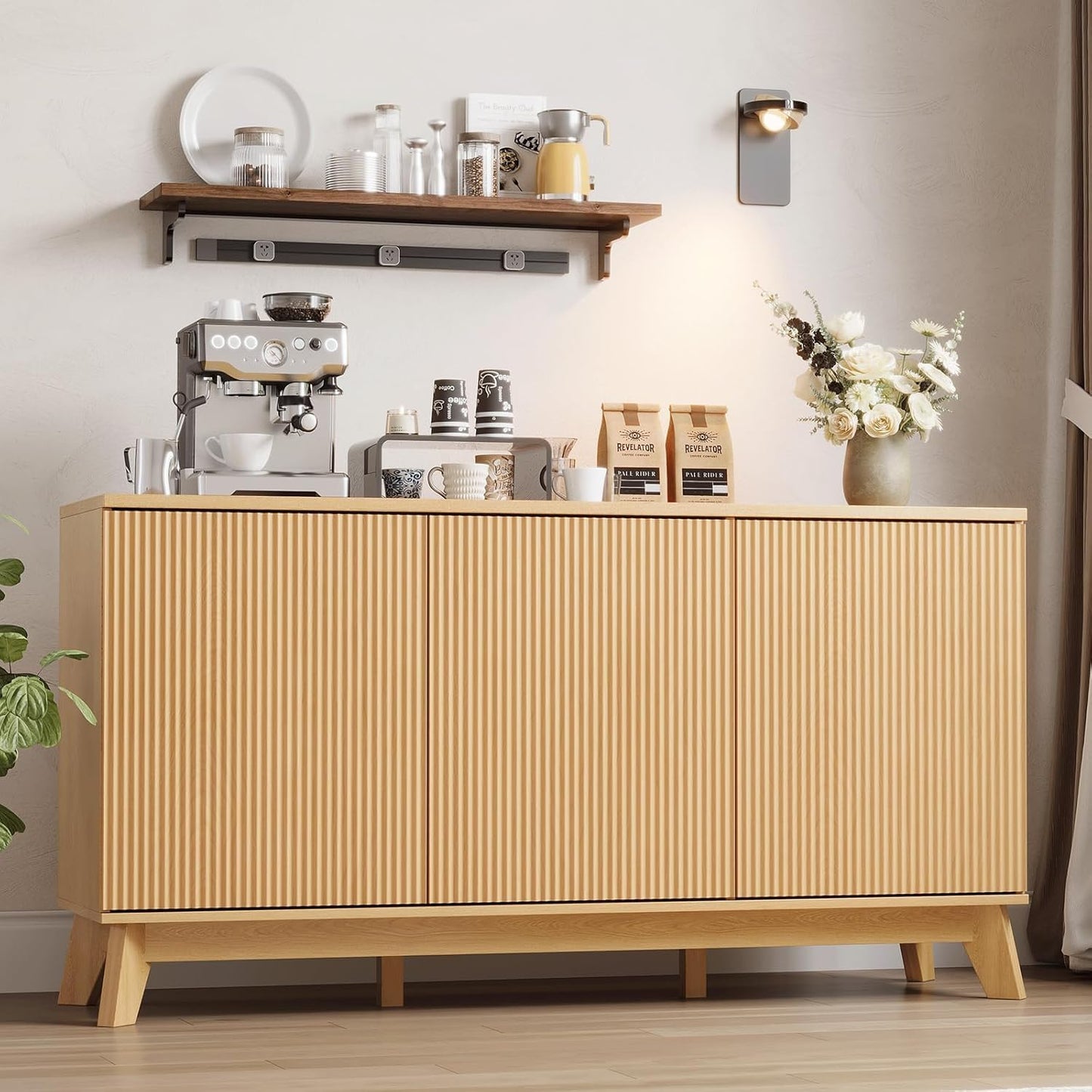 58" Modern Farmhouse Sideboard Buffet Cabinet with Curved Fluted Doors, 4 Doors & Adjustable Shelves, Wood Storage Buffet Console Table for Dining Room, Kitchen, Living Room, Coffee Bar
