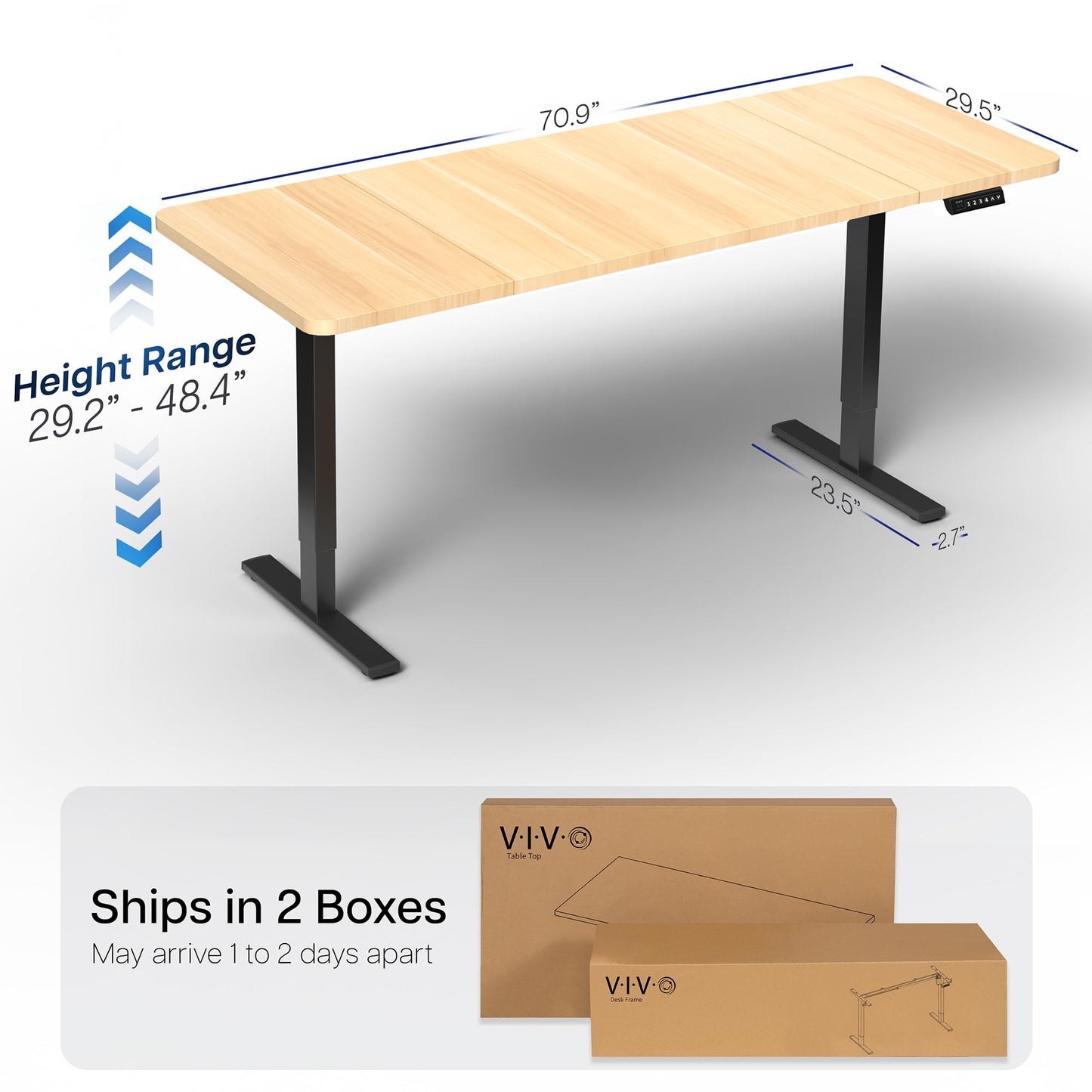 VIVO Electric 71 x 30 in Standing Desk, Memory Height Adjustment, 1B Series, Holds 220 lbs, Light Wood Top Black Frame, DESK-KIT-1B7C