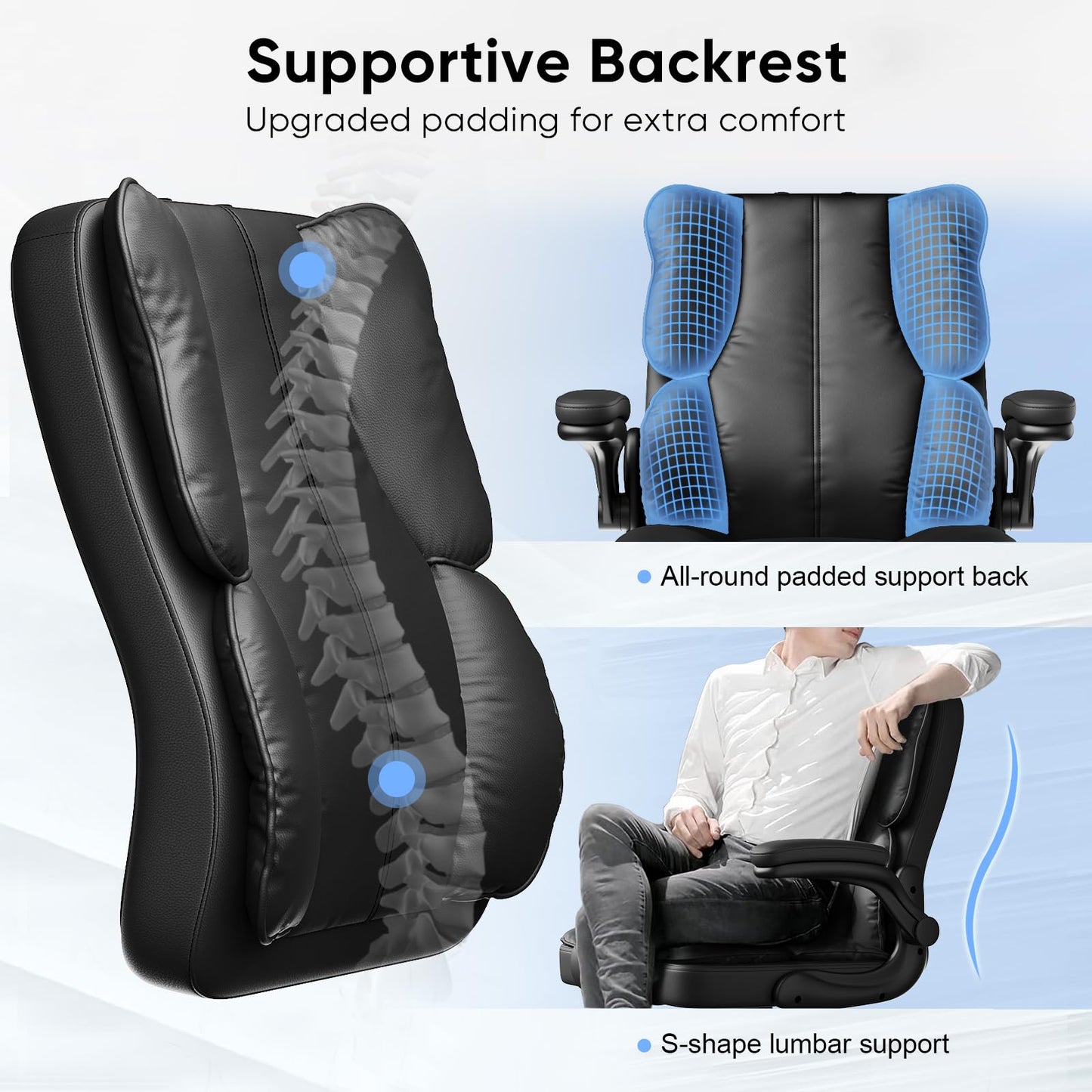 Kensaker Office Chair with Adjustable Headrest & Lumbar Support for for Lower Back Pain Relief, Executive PU Leather Chairs Comfy with Double Padding & 135° Rocking for Home Office, Black