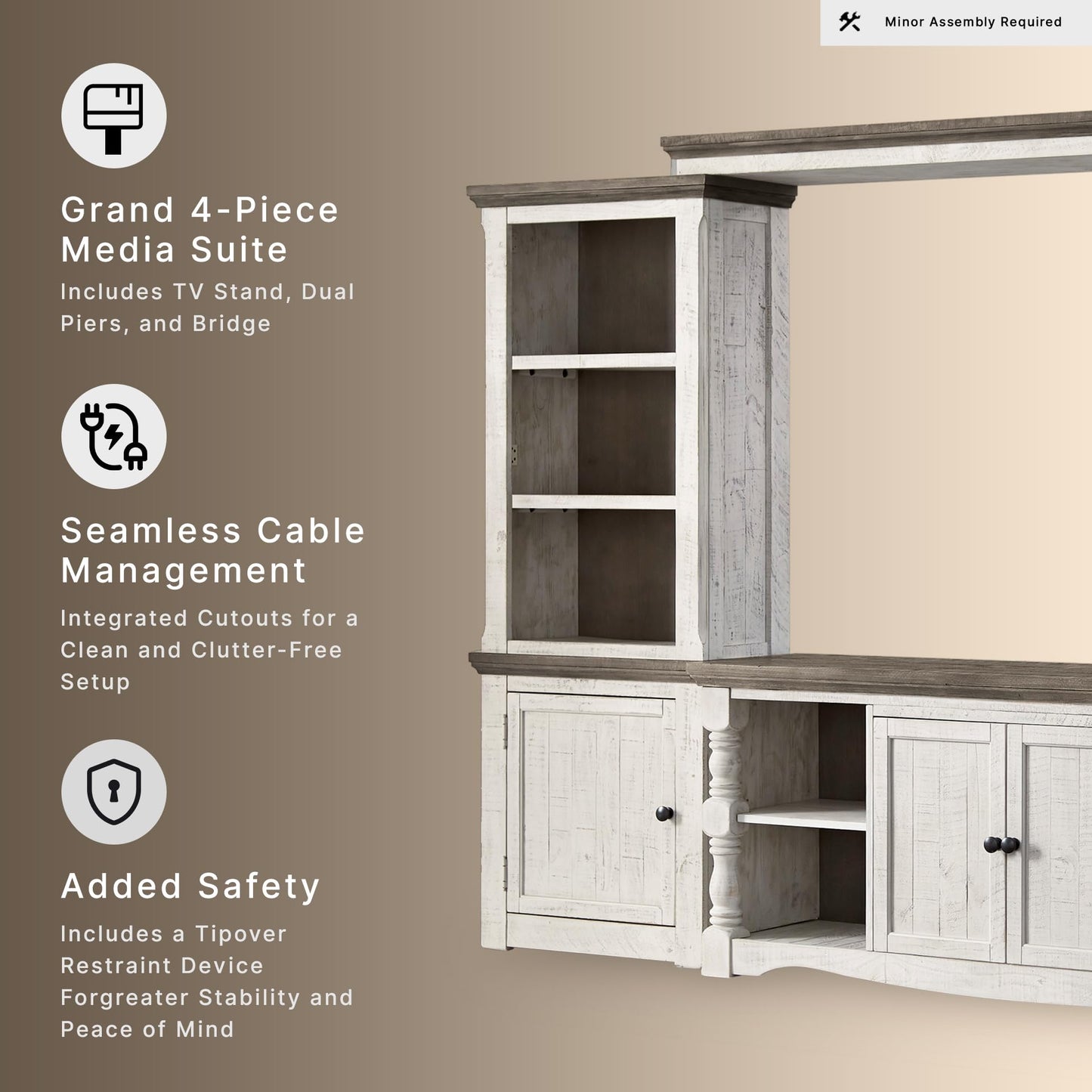 Signature Design by Ashley Havalance 4-Piece Entertainment Center, Wall Unit TV Stand with Shelves, Pine Wood, Pine Veneer and Engineered Wood Construction for Living Rooms, White & Gray