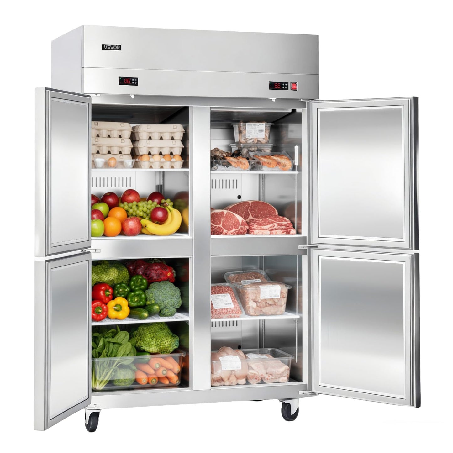 VEVOR Commercial Refrigerator and Freezer Combo 48" W, 31 Cu.Ft Stainless Steel Upright Freezer/Refrigerator with 4 Doors, Auto-Defrost, 6 Adjustable Shelves, UL Certified
