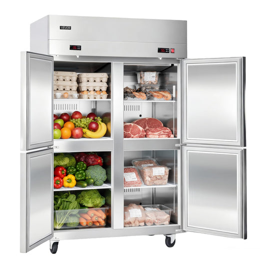 VEVOR Commercial Refrigerator and Freezer Combo 48" W, 31 Cu.Ft Stainless Steel Upright Freezer/Refrigerator with 4 Doors, Auto-Defrost, 6 Adjustable Shelves, UL Certified