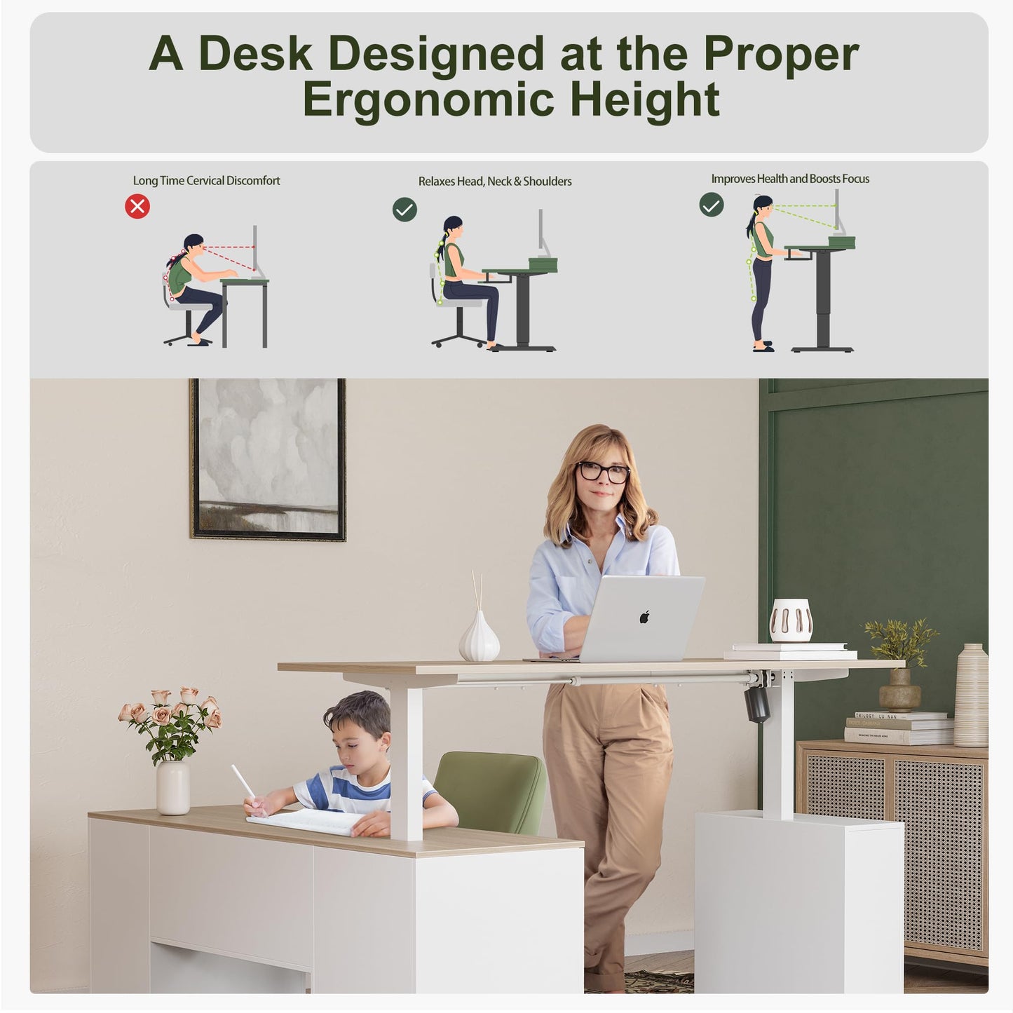 BANTI Executive L Shaped Standing Desk with 3-Drawer File Cabinet, 63" Electric Height Adjustable Stand up Desk for Home Office, Computer Desk with Storage Cabinets, Natural Top