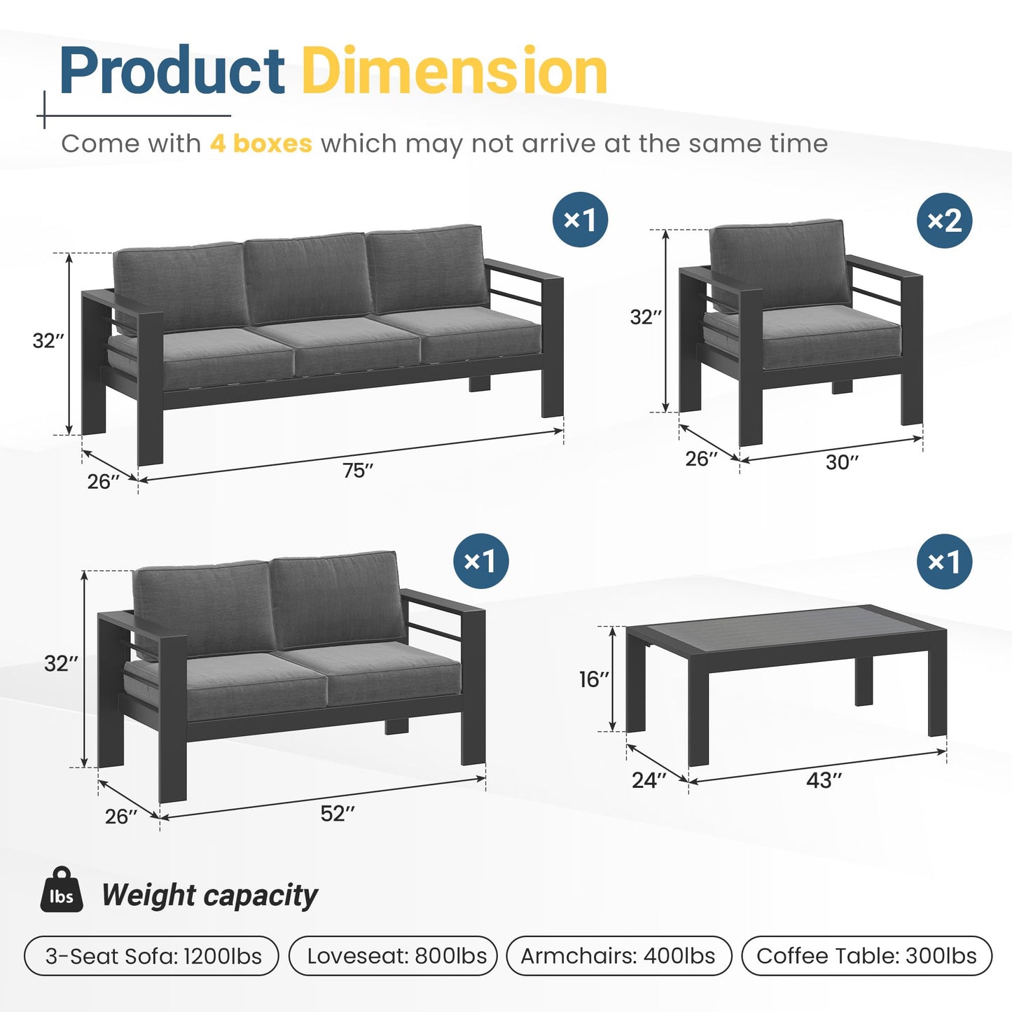 Solaste Aluminum Patio Furniture Set for All Weather, Oversized Metal Outdoor Furniture Set with 27.5" Deep Seating and 3.2" Wide Armrest, Outdoor Patio Conversation Sets with 10" Back Suport Cushion