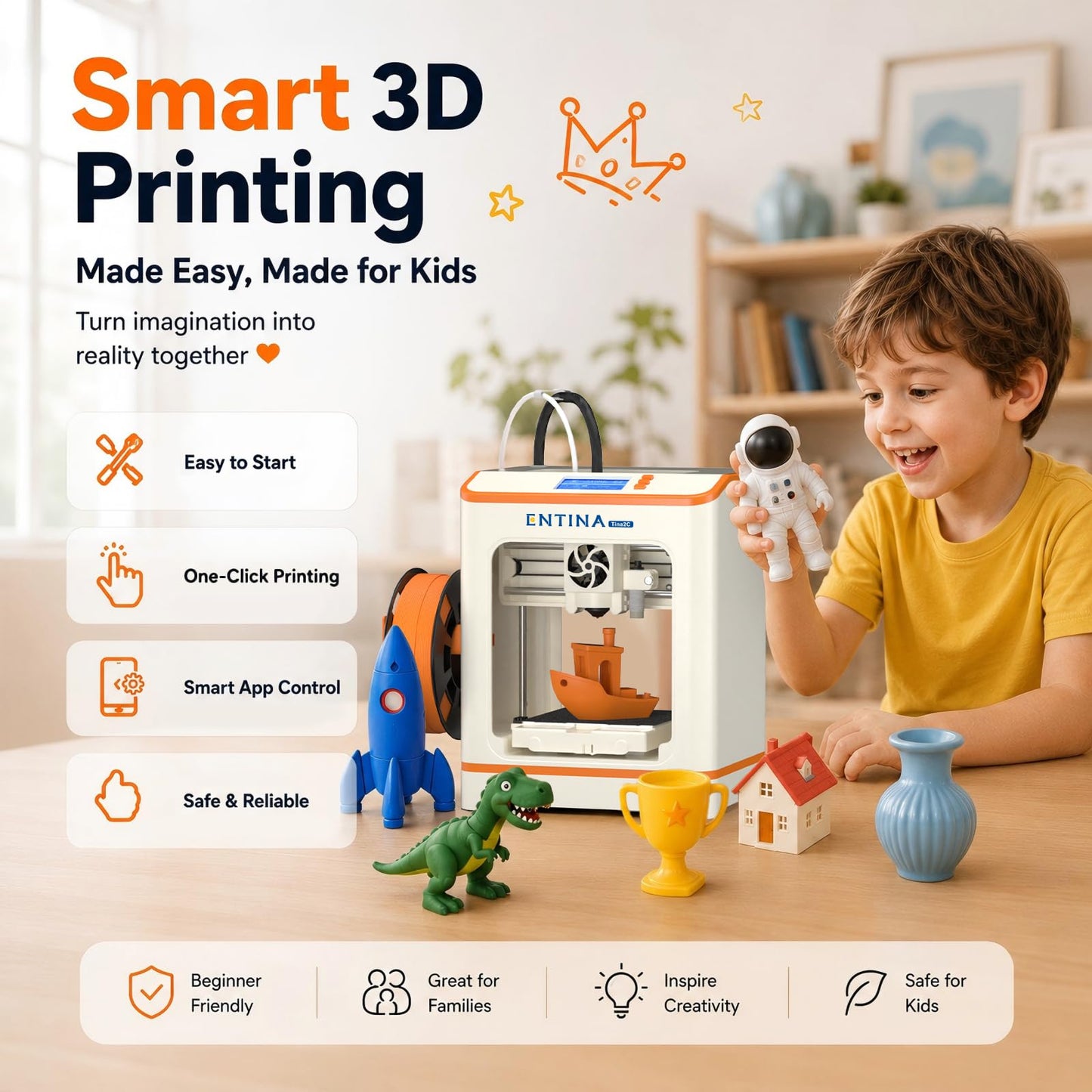 Entina Tina2C 3D Printer for Kids & Beginners, Fully Assembled Starter Mini 3D Printer, Start in 8 Mins, App & WiFi Control, Auto Leveling, 3000+ Model Library, 20+ Creative DIY Modules for STEM, Home