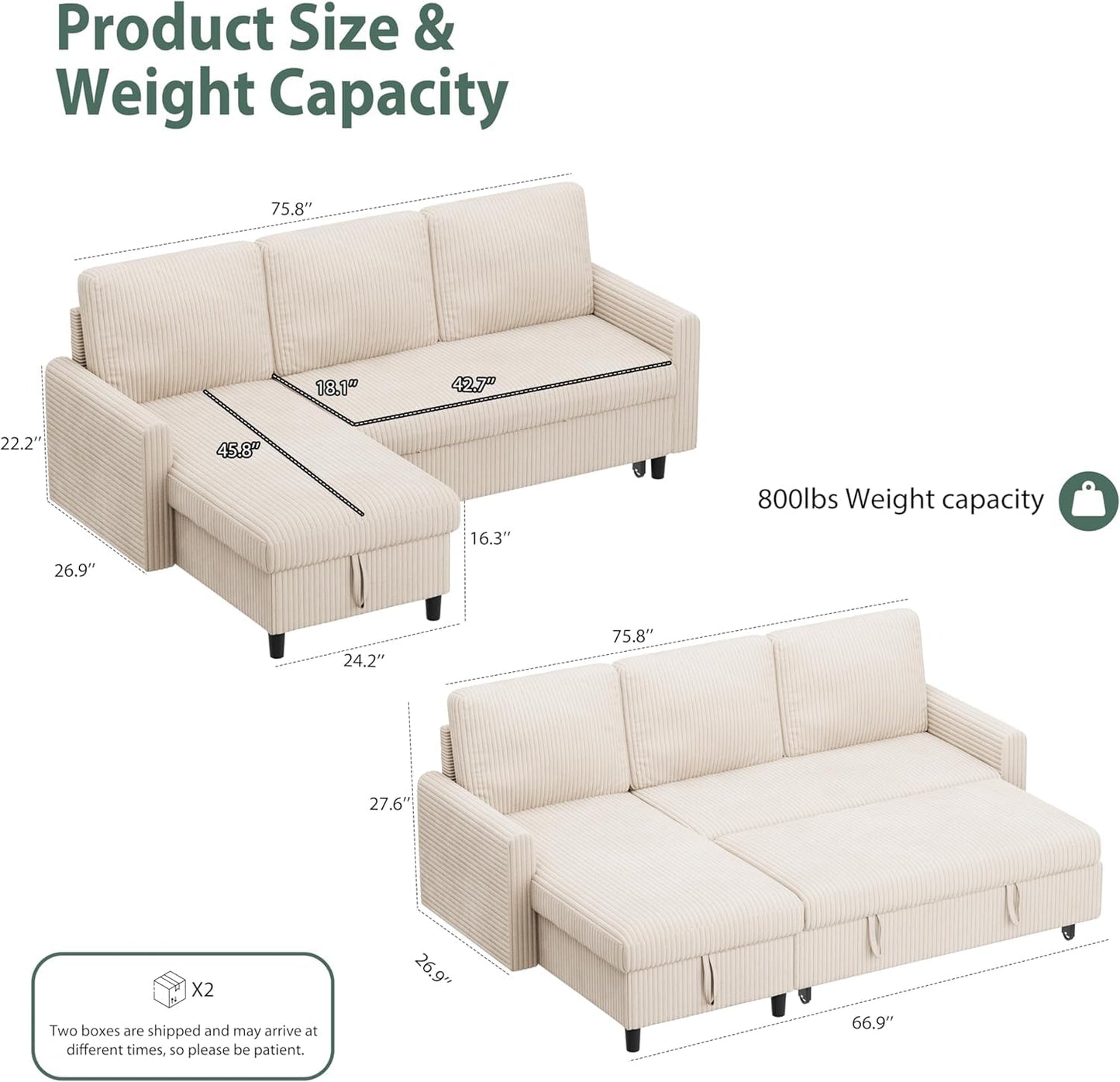 Shintenchi Futon Sofa Bed Convertible Couches L Shaped, 4‑in‑1 Sectional Sleeper Sofa Pull Out Couches for Living Room, Multifunctional Couch with Storage Chaise Corduroy Fabric, White