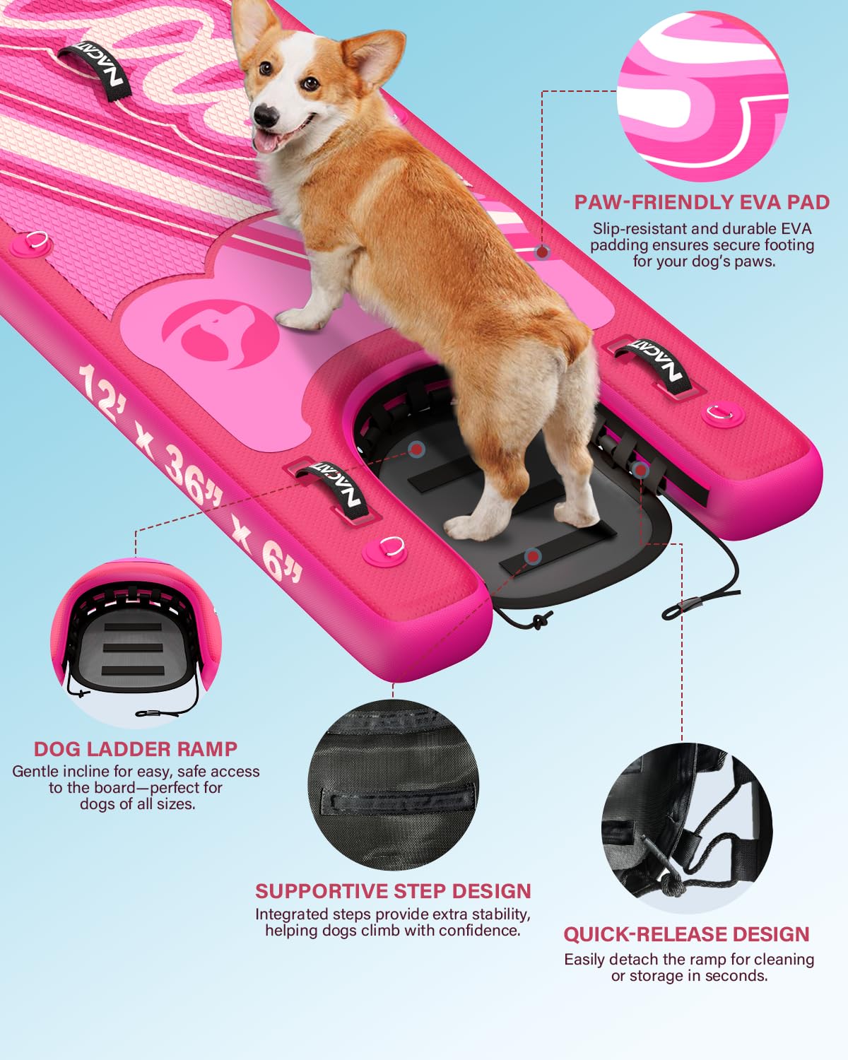 NACATIN Inflatable Stand Up Paddle Board - Premium SUP Board with Dog Ramp Kit,Complete SUP Set Paddle Boards for Adults with Single/Double Paddle, Backpack, Suitable for Paddle Boarding with Dog