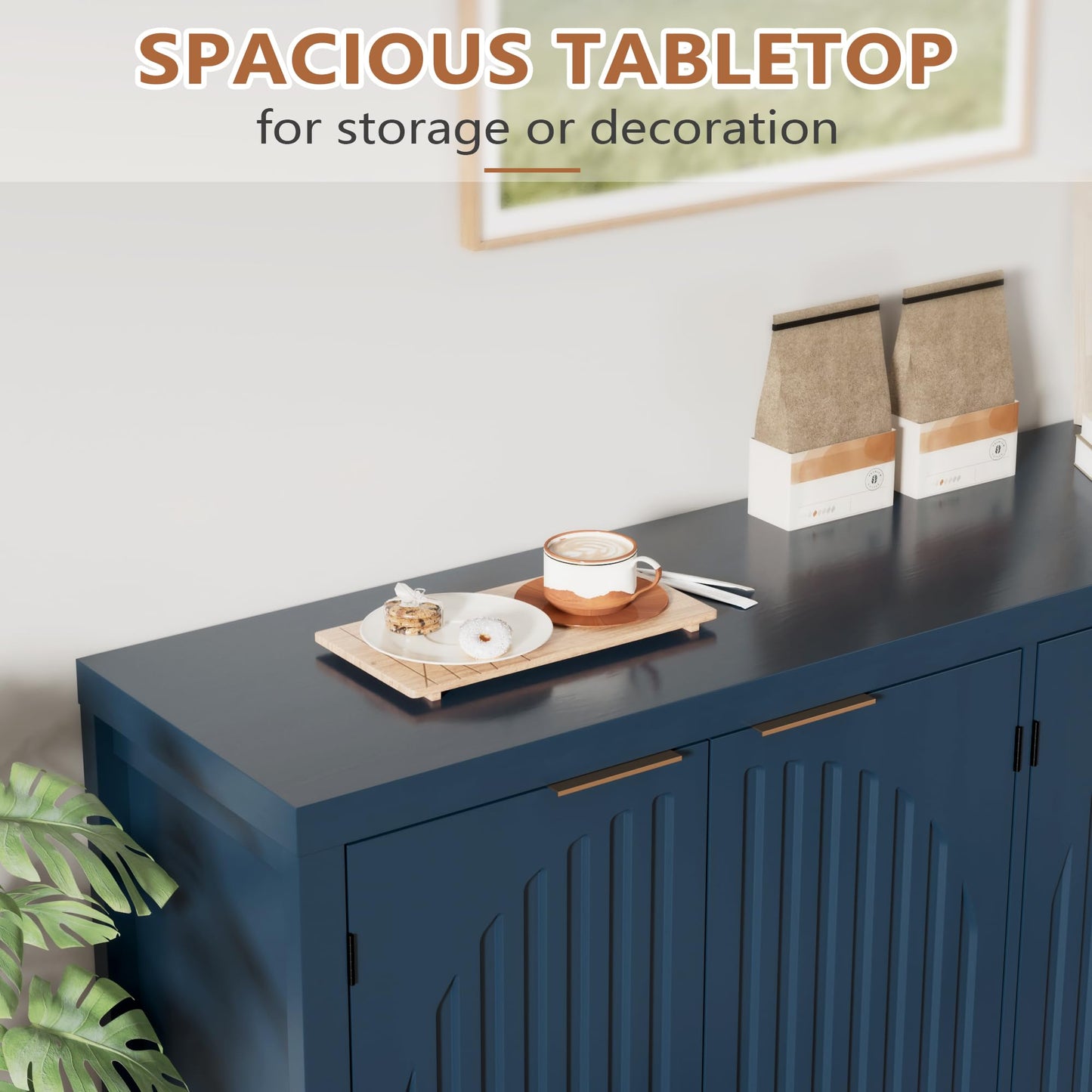 Fluted Sideboard Buffet Cabinet with Storage, 58" Mid Century Modern Accent Cabinet with Arch Doors, Large Wood Media TV Console Table Credenza for Dining Room, Kitchen, Living Room Entryway, Blue