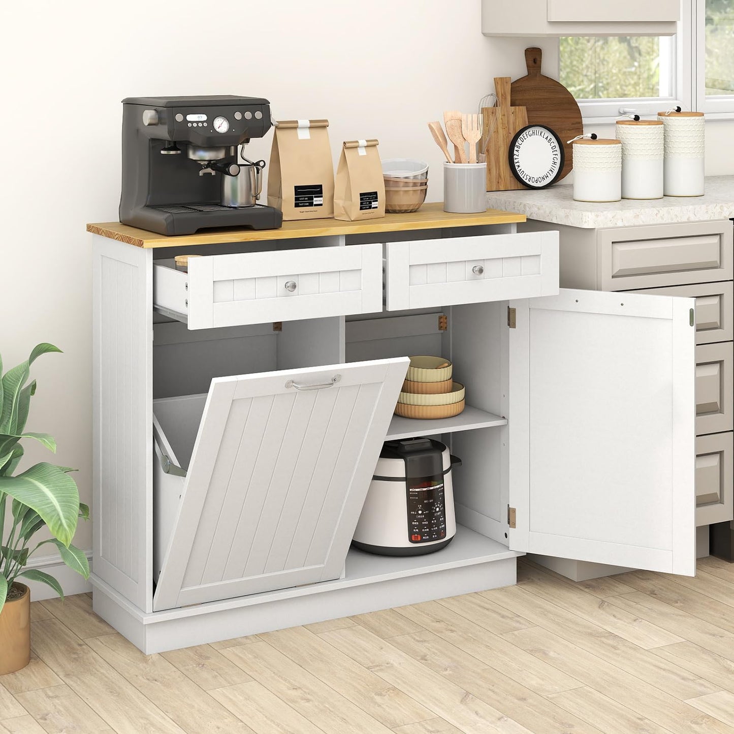 Giantex Tilt Out Trash Can Cabinet, Kitchen Island Table w/Solid Wood Top, 2 Drawers, Adjustable Shelf for Hidden Laundry Hamper, Pet Proof Garbage Can for Dining Living Room (White, 14.5 Gal)