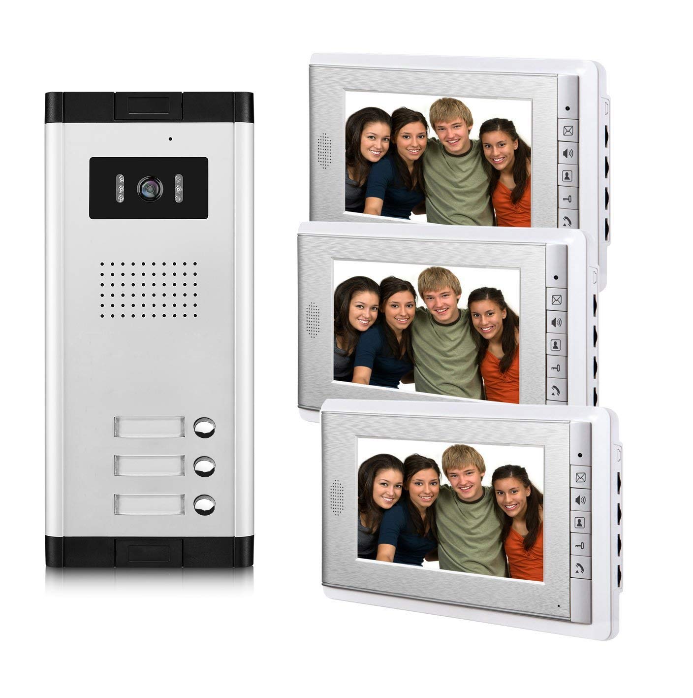 AMOCAM 3 Units Apartment Video Intercom System, 7 Inch Monitor Wired Video Doorbell Door Phone Kits, Indoor Outdoor IR Camera, Monitoring, Unlock, 2 Way Intercom for 3-Household Home Apartment