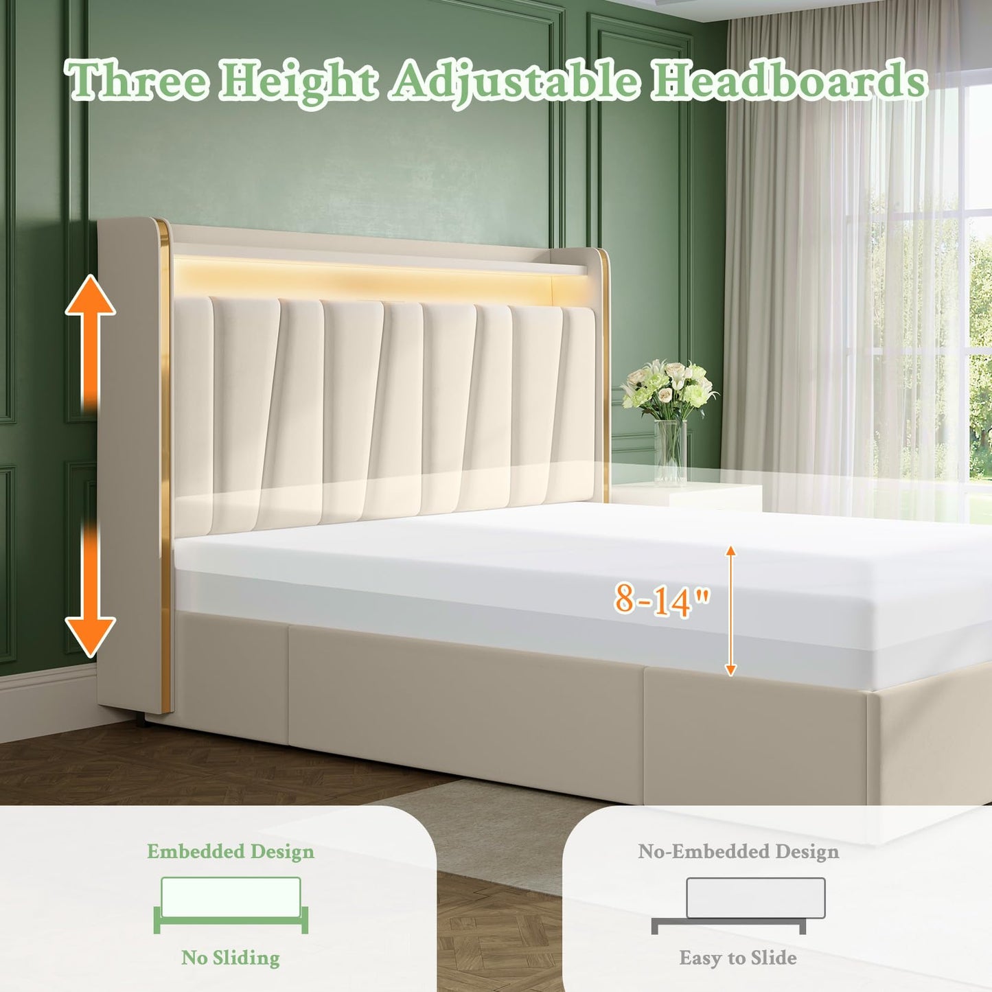 koorlian Queen Upholstered Bed Frame with 2-Tier Storage Headboard and 4 Dustproof Drawers, 51" Tall Platform Bed Frame with Adjustable Headboard, LED Lights, Charging Station, Easy Assembly, Beige