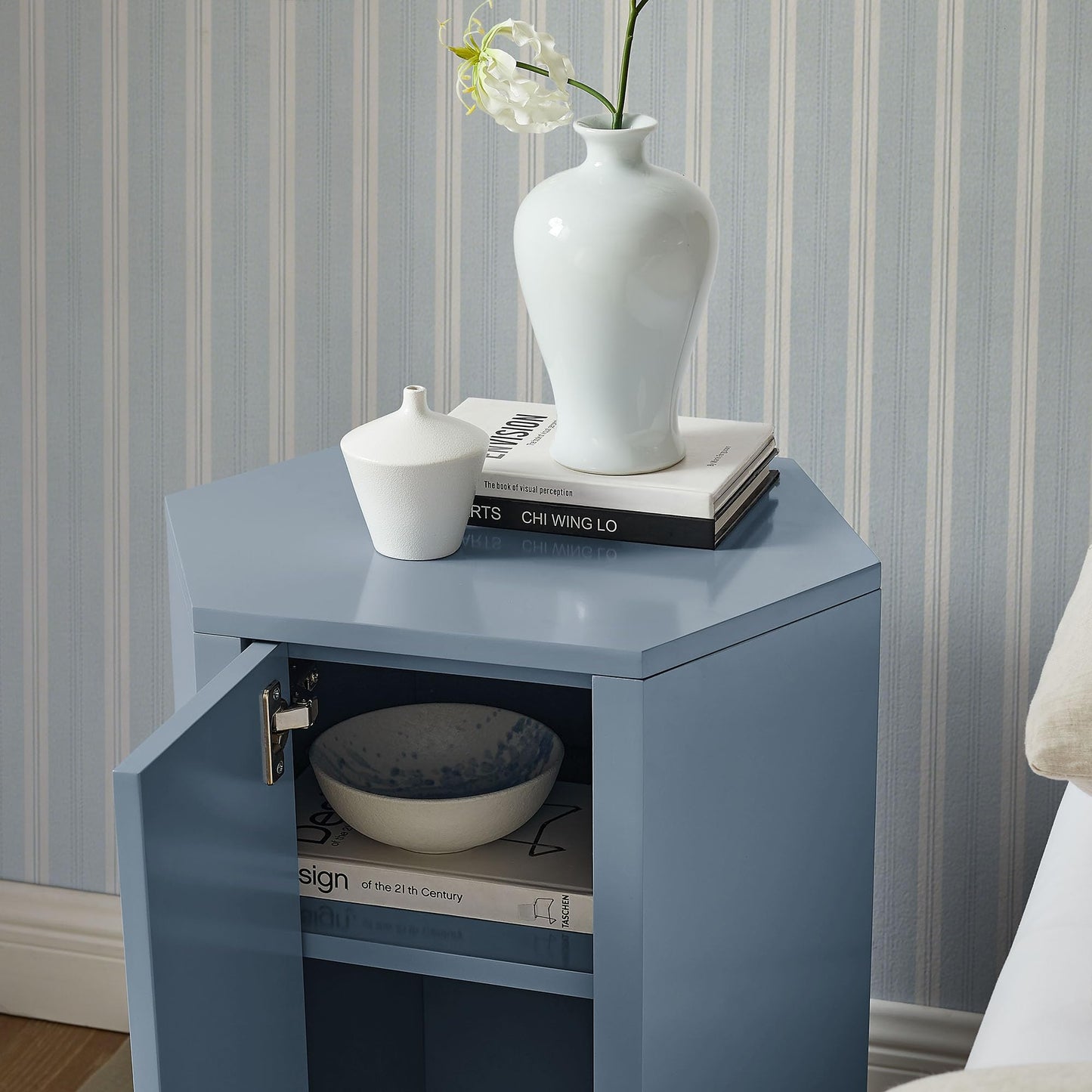 Modway Kade Solid Wood Side Table in Stillwater Blue – Modern Faceted Nightstand – Geometric End Table with Cabinet Storage and Interior Shelf