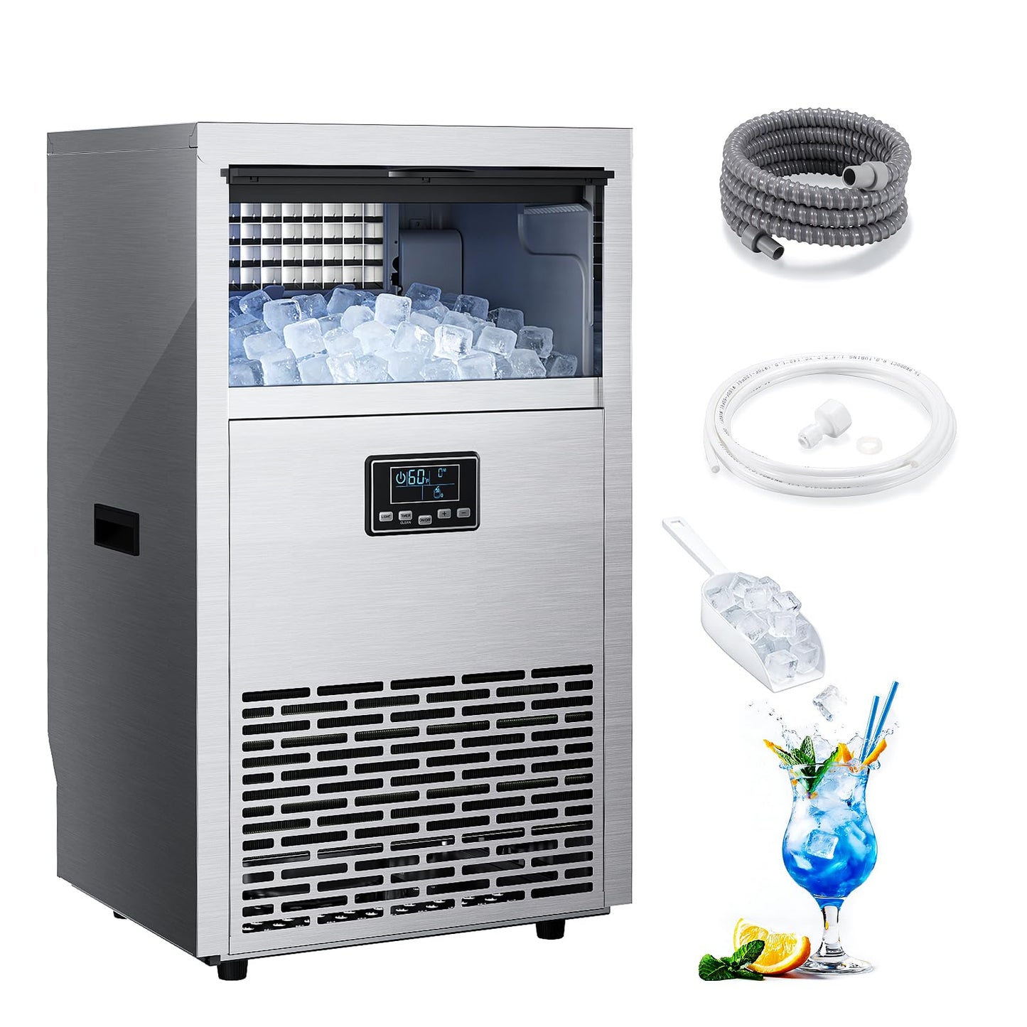 Kismile Commercial Ice Maker, 100 lbs/24H Ice Machine with 29 lbs Storage, Under Counter Ice Maker with LED Display & Self-Cleaning, 304 Stainless Steel Structure for Home, Bar, Outdoor Kitchen