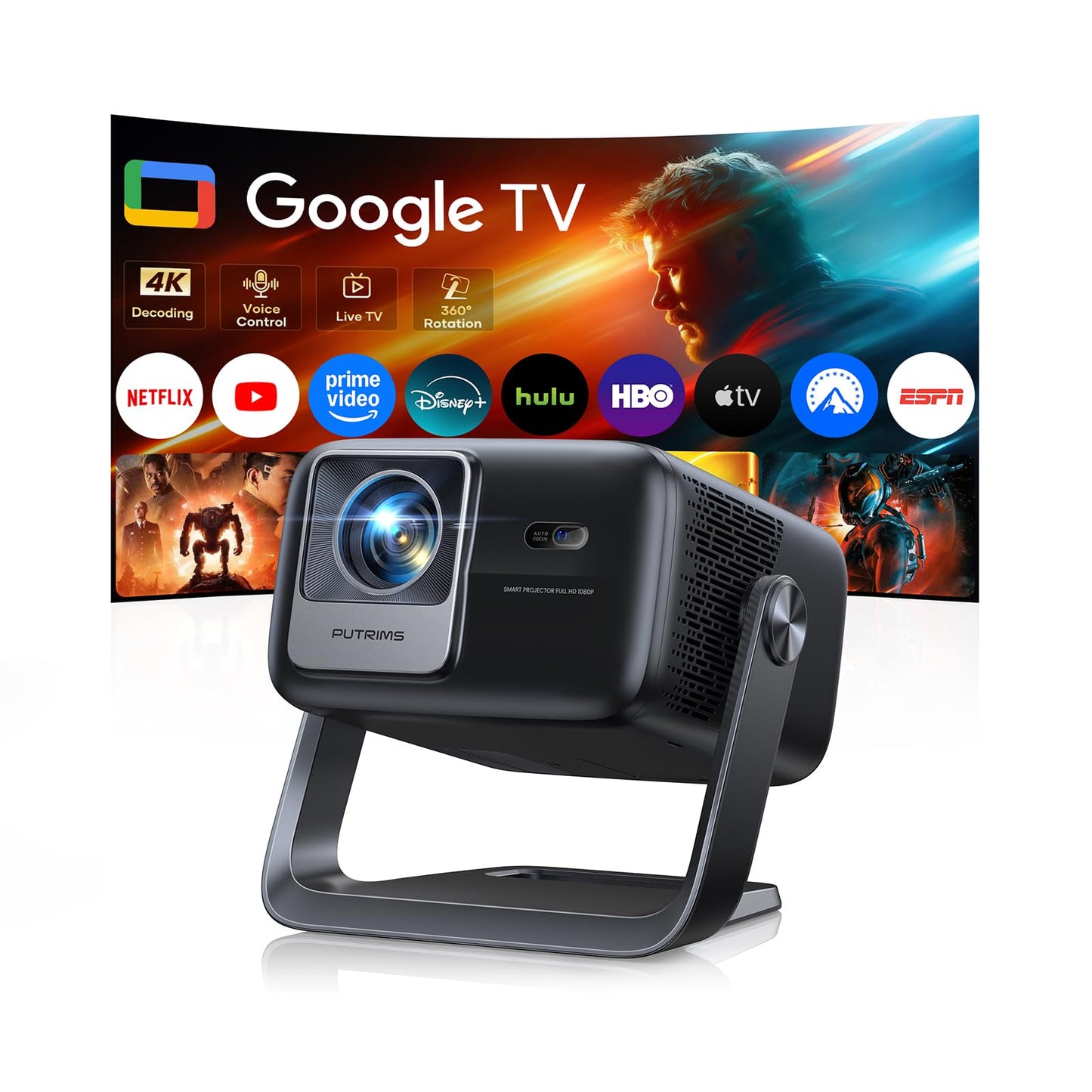 Smart 4K Projector [Google TV Stick Built-in & 360° Stand] with WiFi 6, Bluetooth 5.3, HDR10, 30W Hi-Fi, AI Auto Focus, Outdoor Portable Short Throw Movie Projector for Home Theater Bedroom Ceiling
