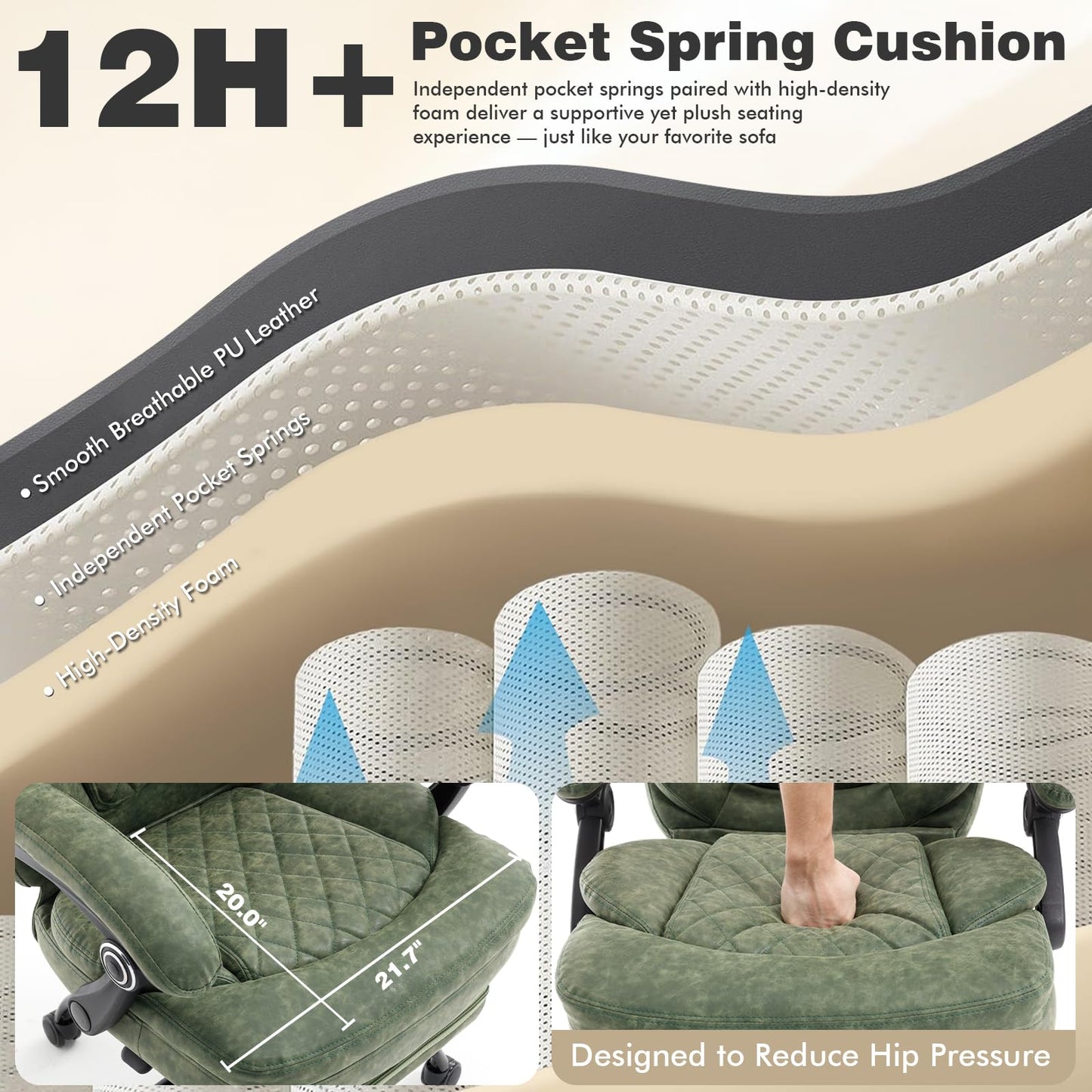 linting 400lbs Ergonomic Reclining Office Chair with Footrest, Plus Size Big Tall Leather Recliner Office Desk Chairs with Foot Leg Rest, Green