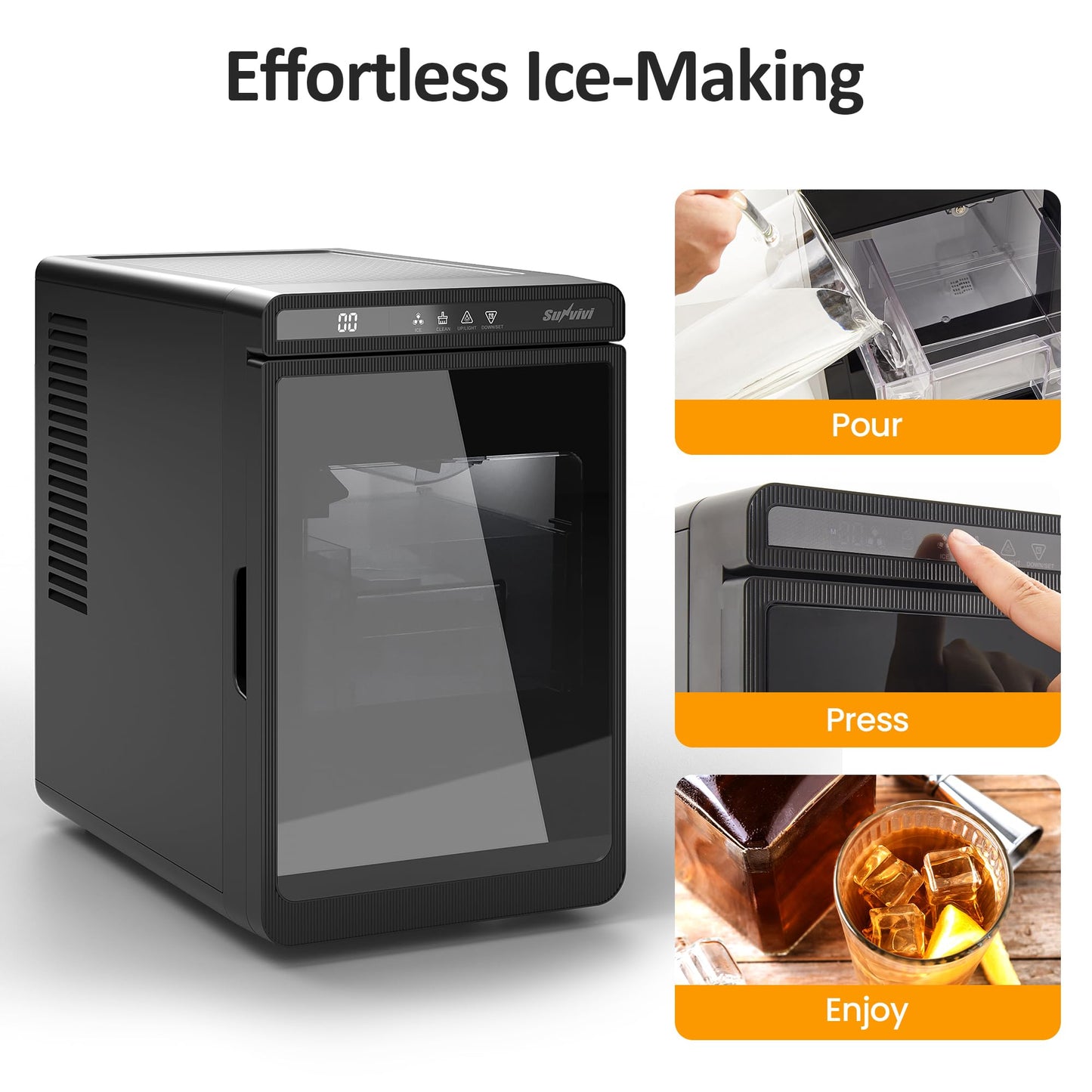 Sunvivipro Crystal Clear Ice Maker, Compact Countertop Ice Machine, 3 x 1.6 Ice Cubes in10-Mins, Self-Cleaning, LED Light & Timer, Portable Electric Ice Maker for Kitchen, Bar, RV, Black